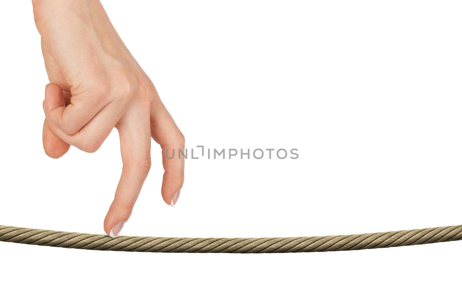 Womans fingers walking on rope on isolated white background