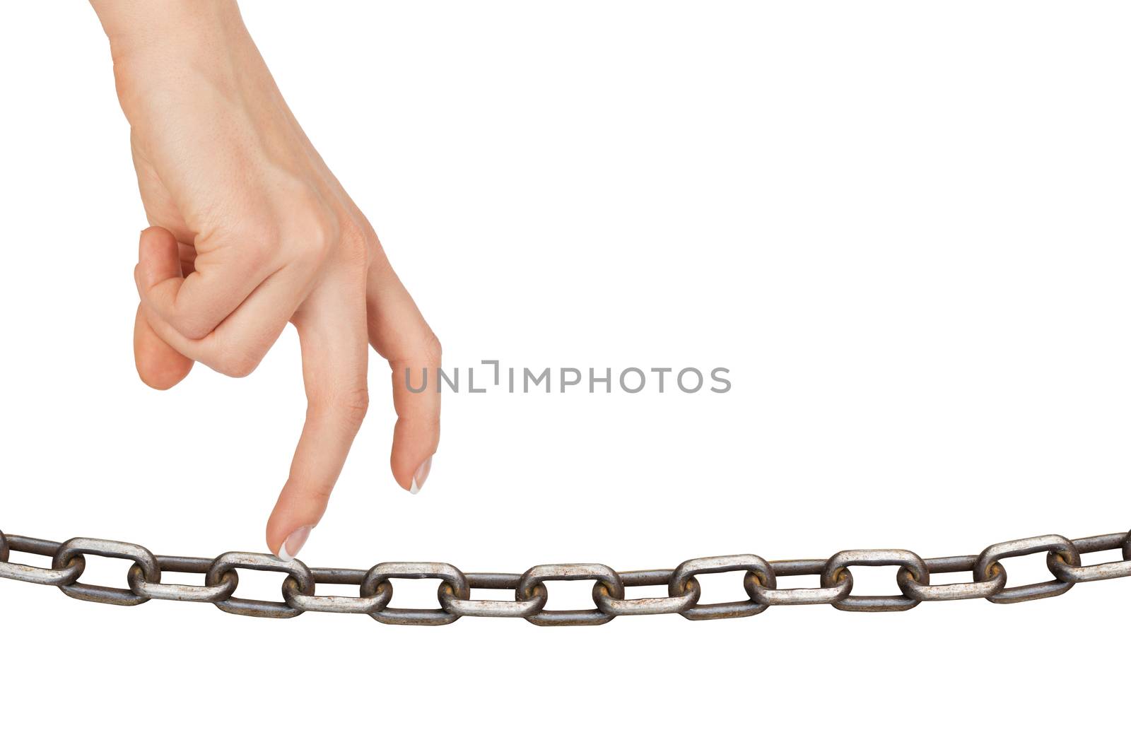 Womans fingers walking on chain on isolated white background