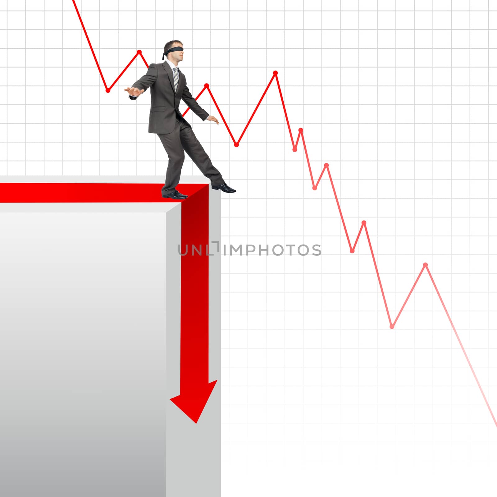 Businessman walking on edge of chart on grey background