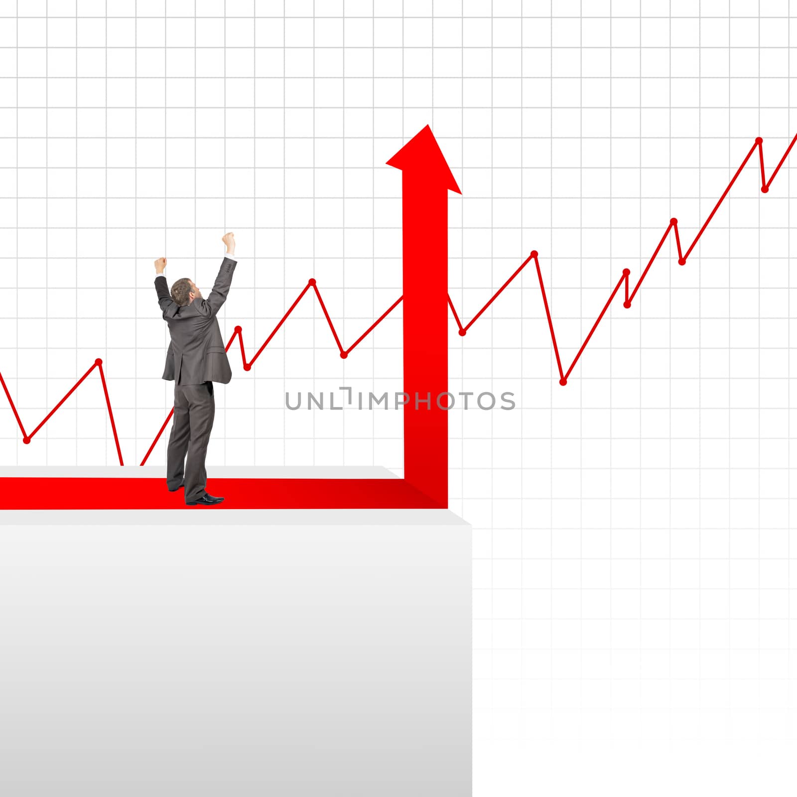 Happy businessman standing on edge of chart by cherezoff