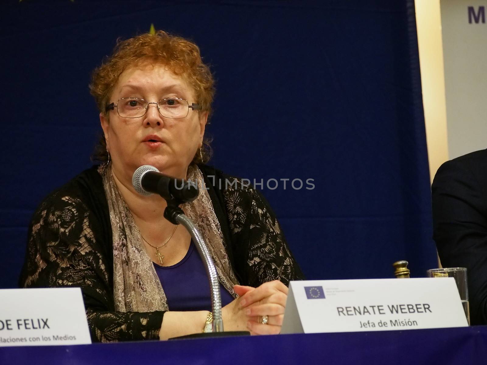 PERU, Lima : Romanian jurist Renate Weber, head of the European Union's Electoral Observation Mission to Peru, participates in a press conference on March 15, 2016, upon the mission's arrival in Lima, in advance of the April 10 general election. Weber expressed the mission's concern over the exclusion of presidential candidates at only a few weeks from the election. 