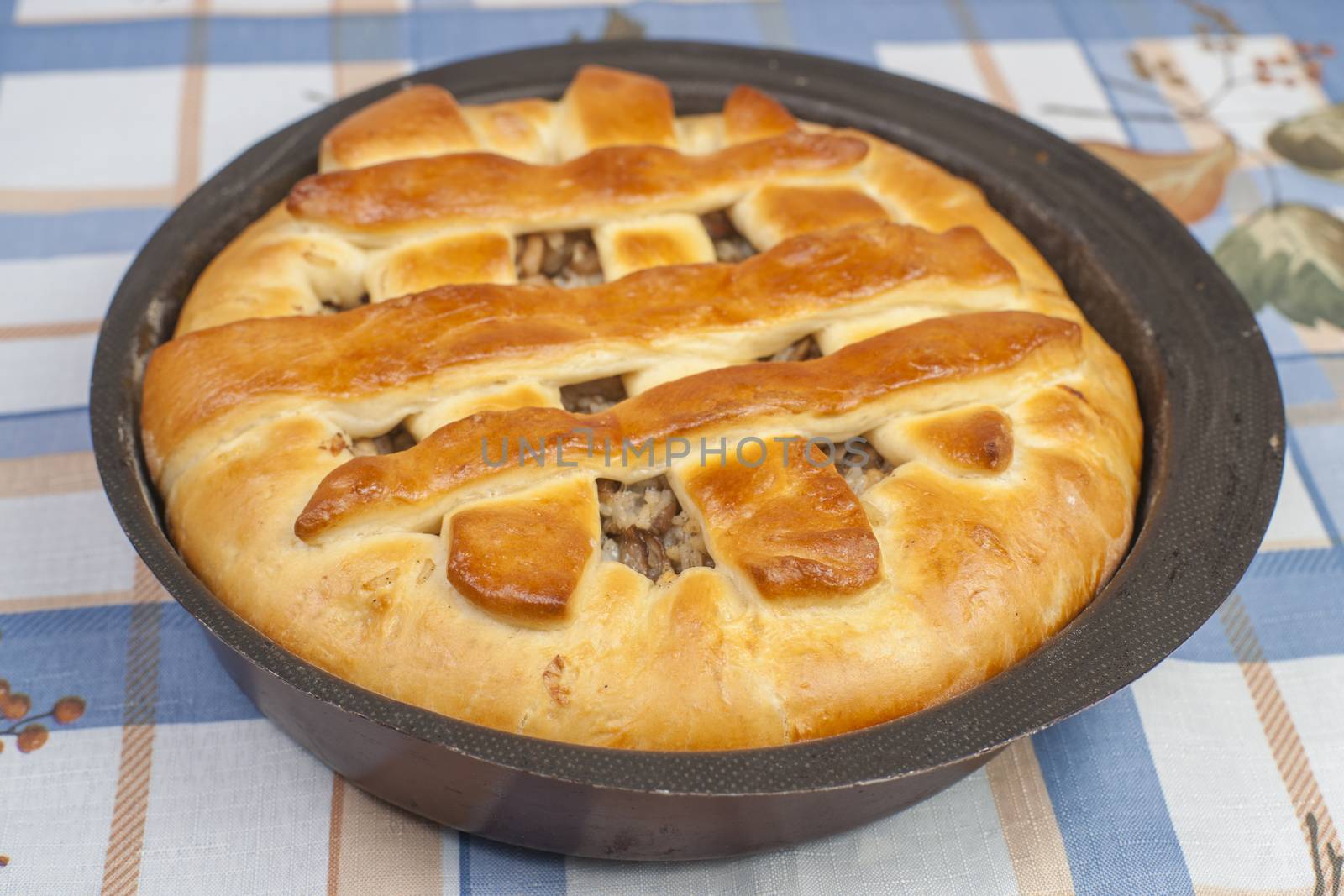 Tasty pie with filling in black metal baking form by kozak