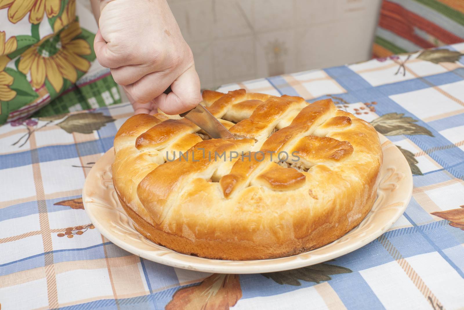 Making pie. Cutting the tasty pie with filling on the plate