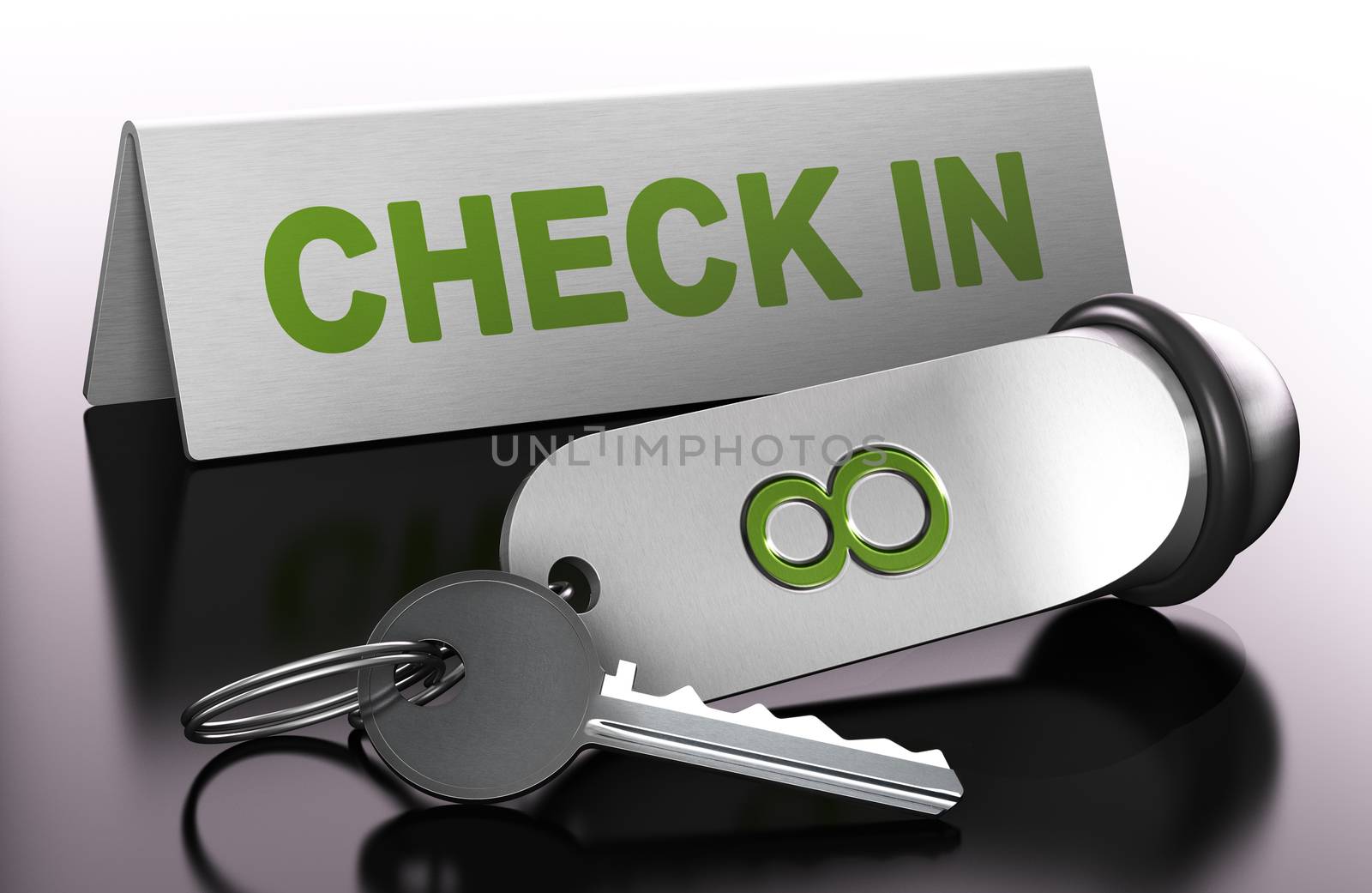 key and keyring of an hotel with the number height, check  in sign at the background over gradiant color from black to white 