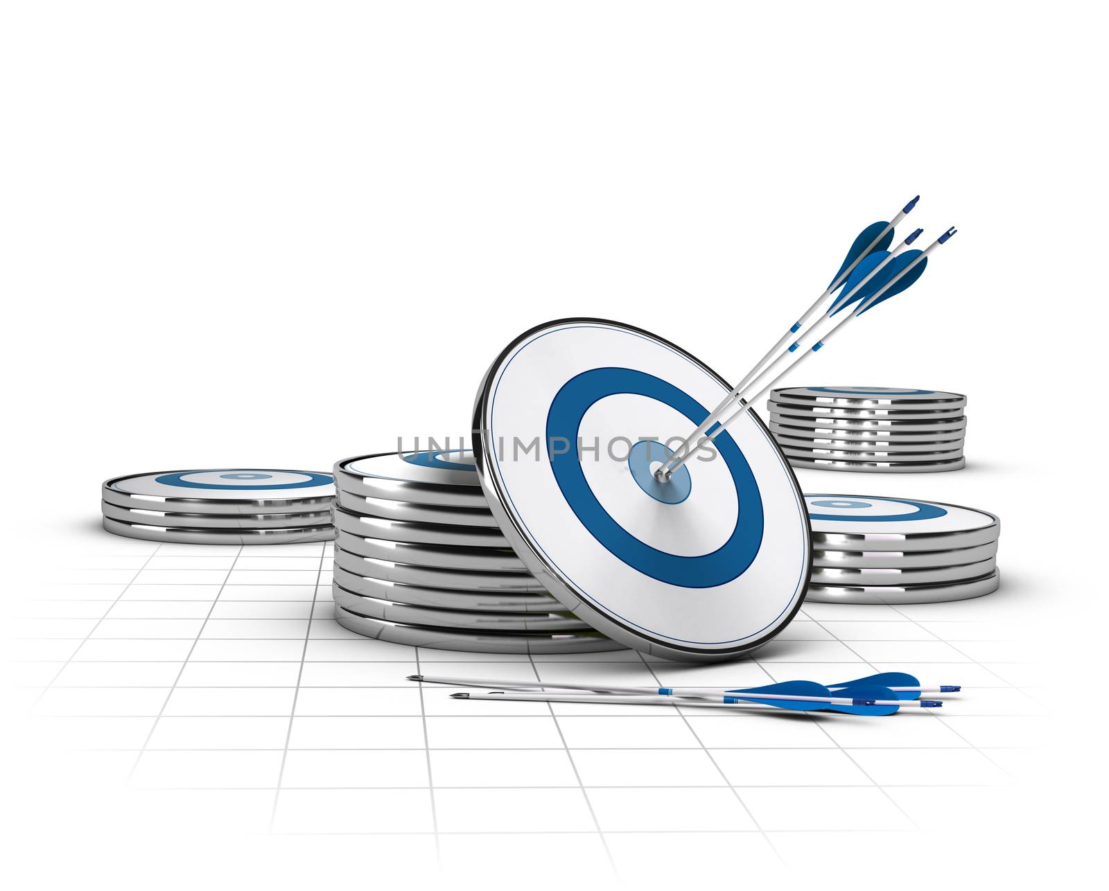 Conceptual image for marketing or business purpose over white background. Three arrows hitting the center of a target with many targets stacked around, blue tone and perspective lines.