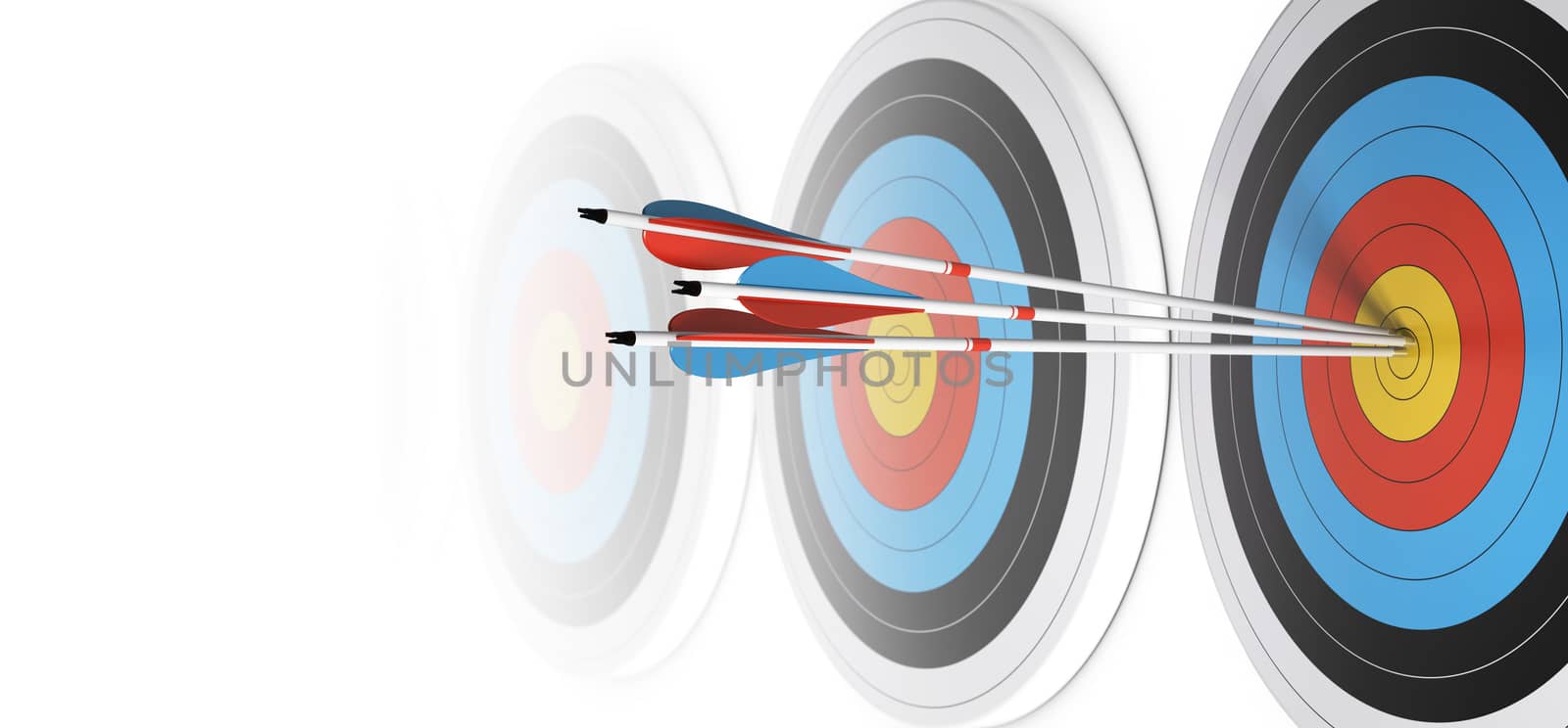Many targets in a row, three arrows hits the first one in the center, over white, image fading to white at the background.