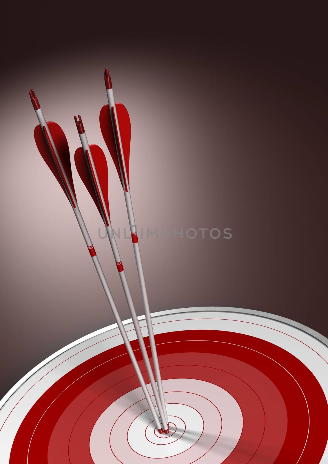 Three arrows hitting the center of a red target, vectical business concept background with room for text.