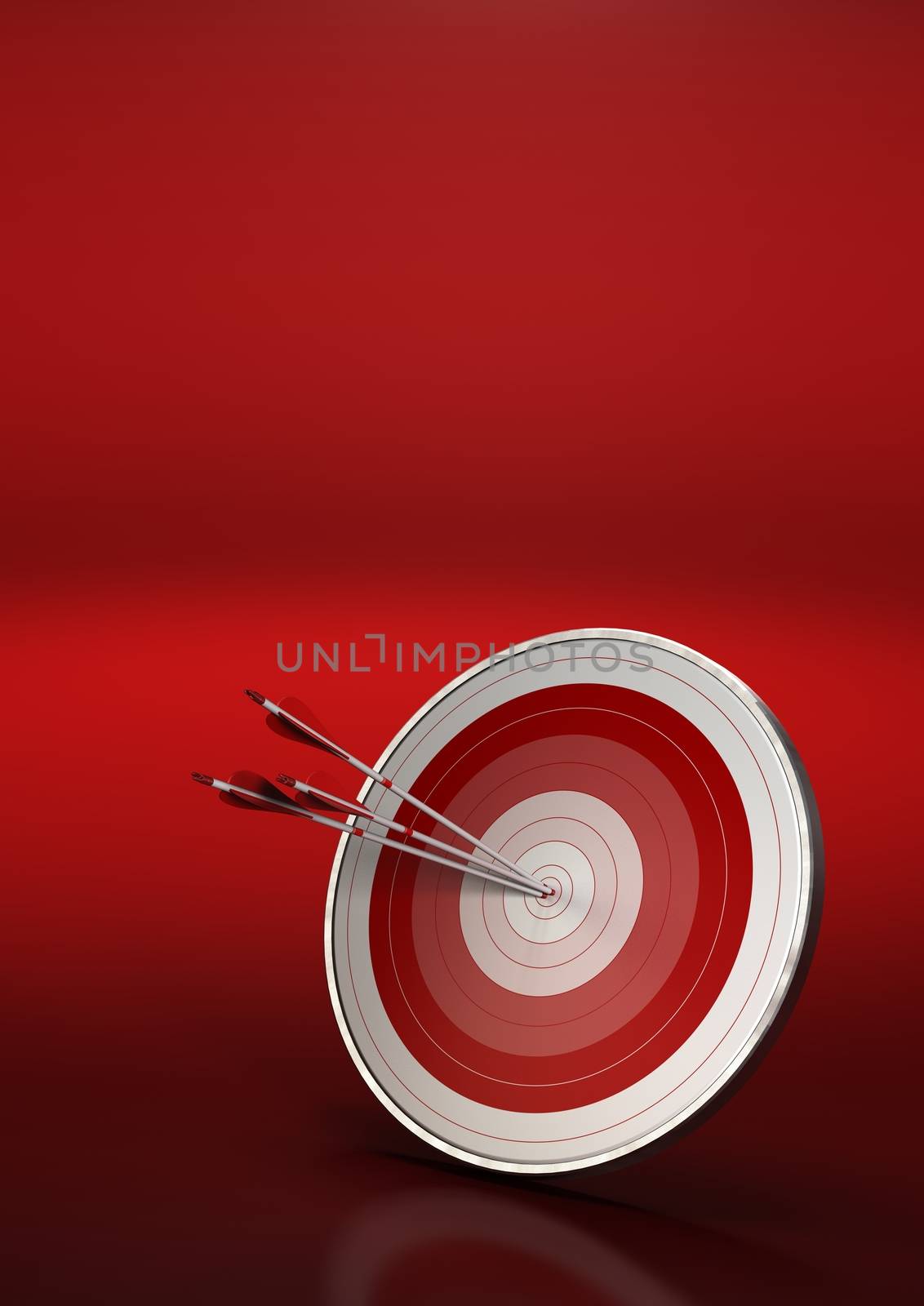 three arrows hitting the center of a red dart, vertical 3d render image with red background