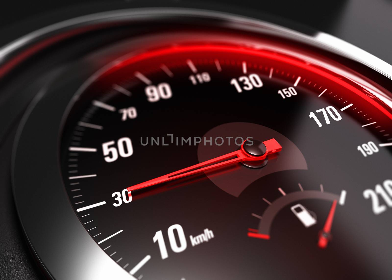 Close up of a car speedometer with the needle pointing 30 Km h, blur effect, conceptual image for safe driving concept