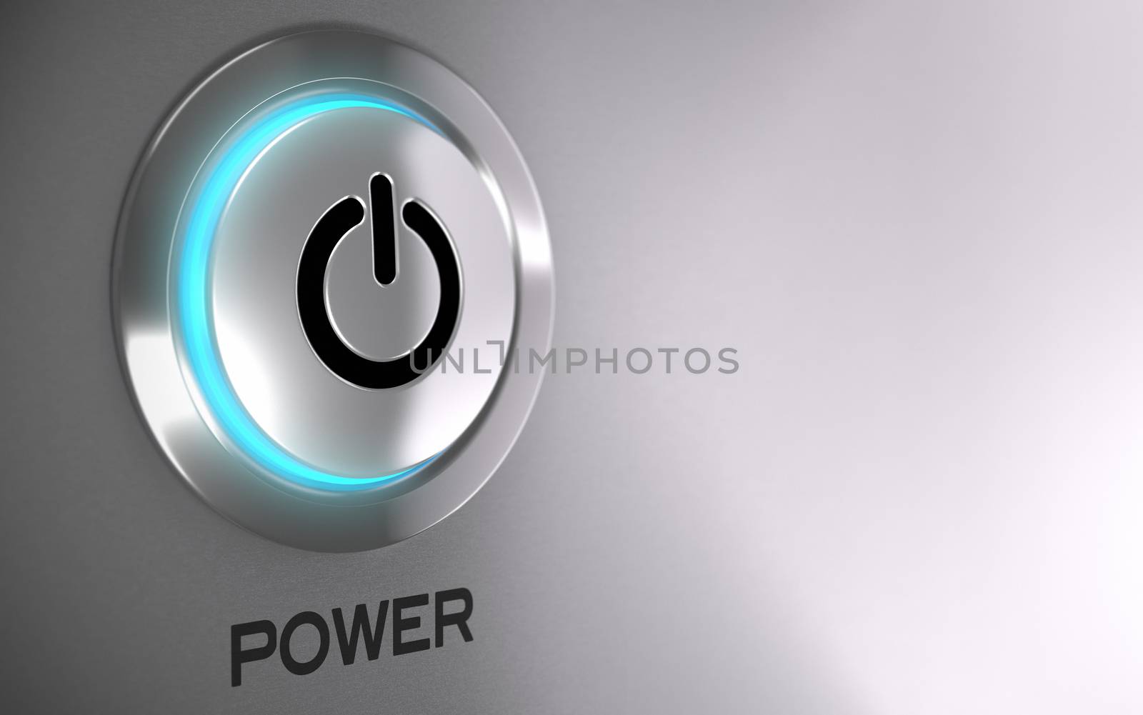 Push button with blue light and depth of field effect - 3D render concept image suitable for power energy button with copy space on the right side 