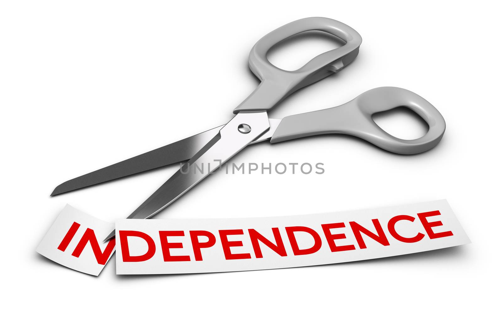 Word independence cut in two parts in and dependence. Scissors at the background 3D render over white, Concept of drug dependency disorder