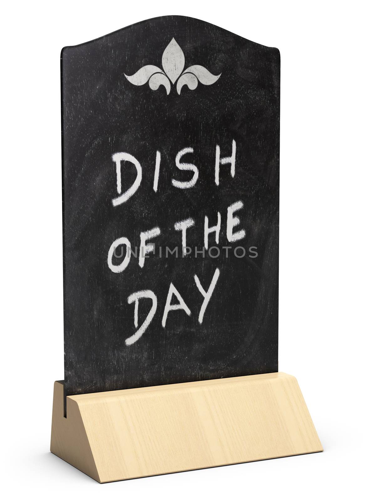 table tent where it is handwritten the sentence dish of the day over white background 