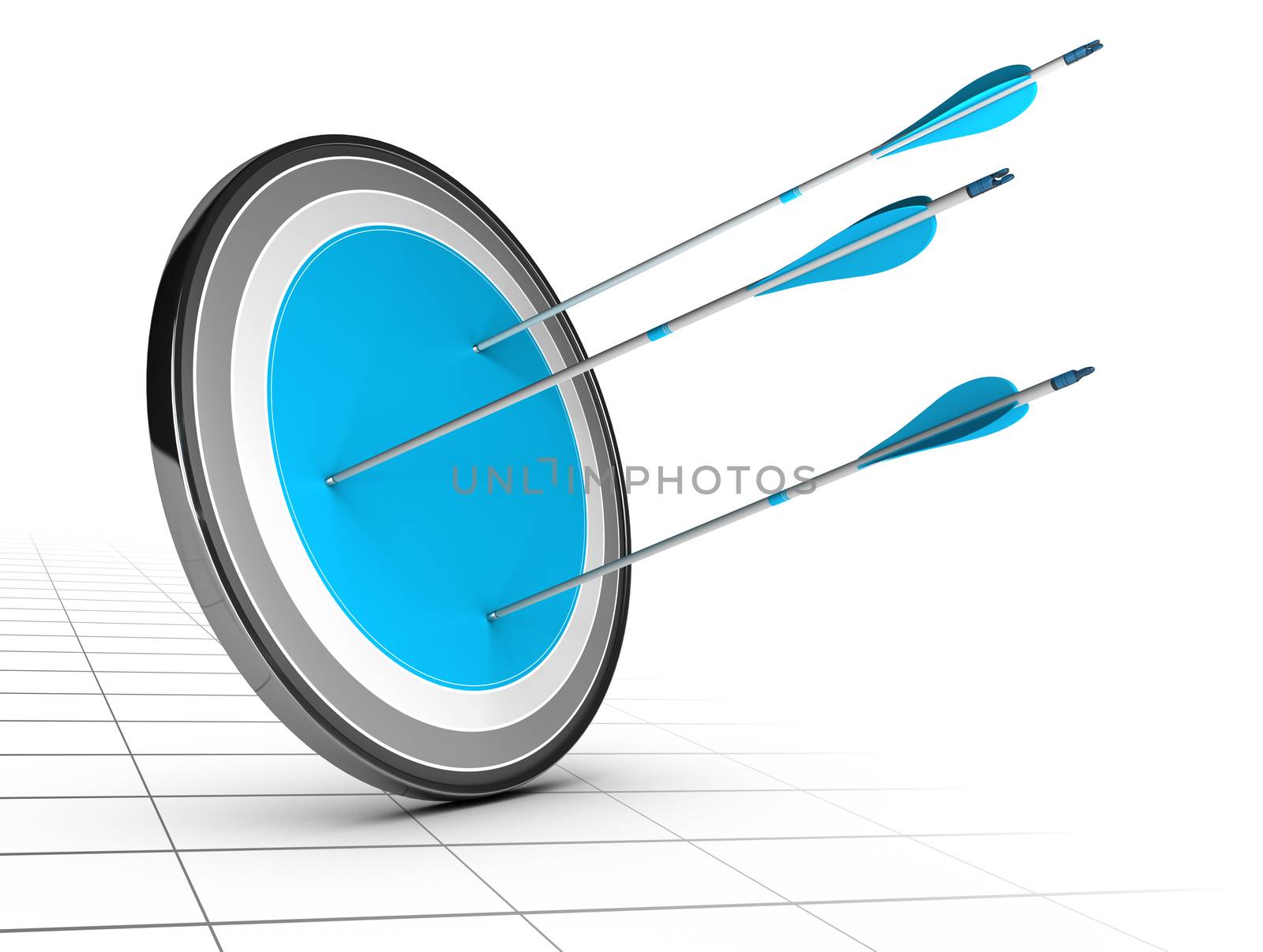 Three arrows hits the center of a target with a large blue center, white background with perspective. Achieving simple goal concept.