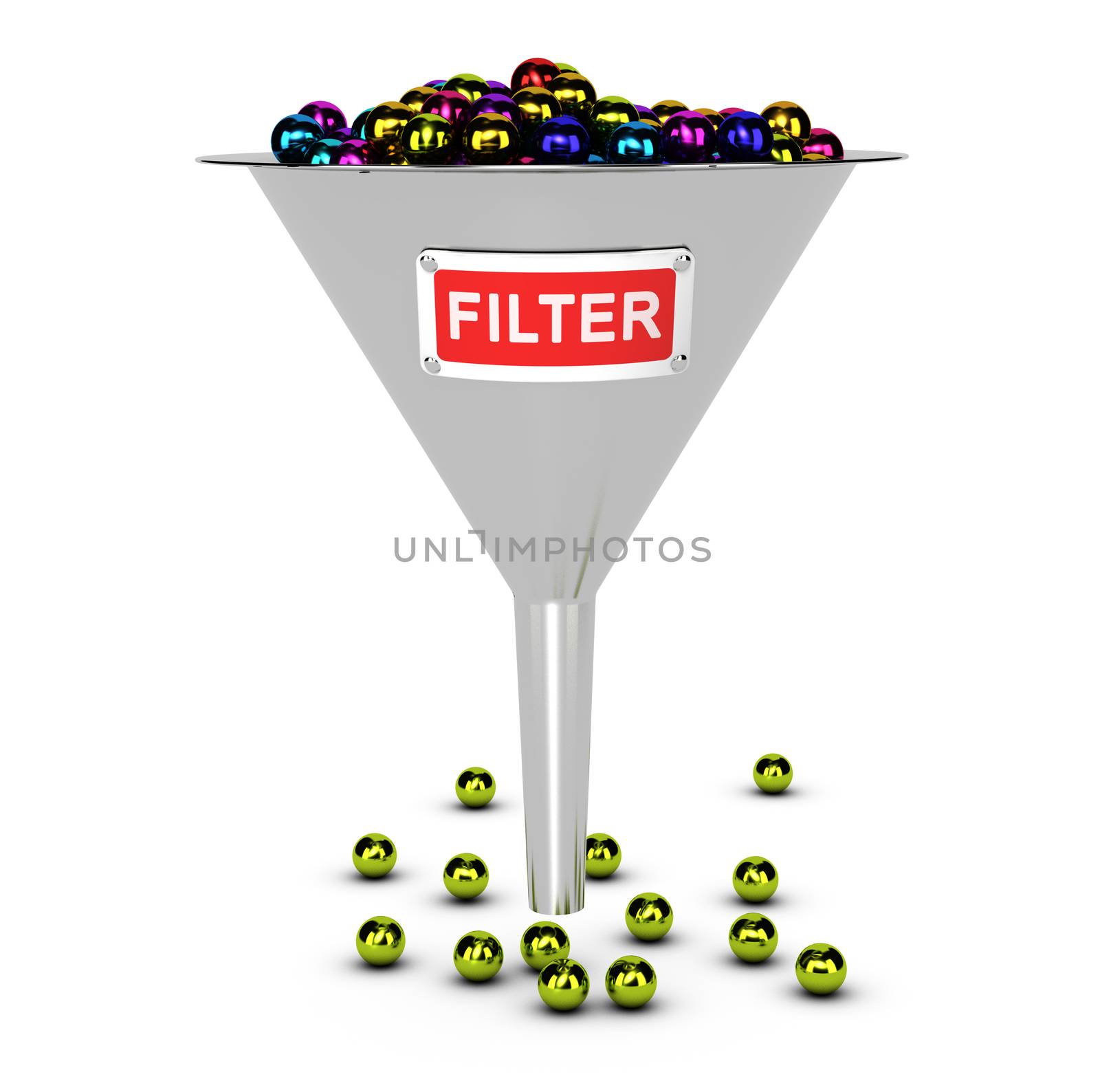 One funnel with colorful balls, white background. Conceptual image suitable for web content filter concept. 