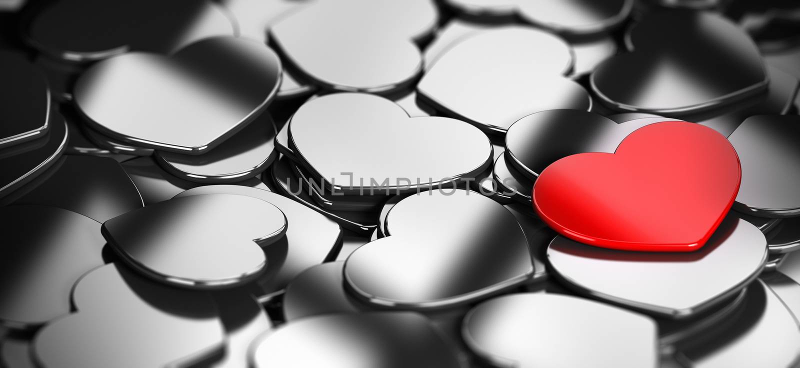Finding Love dating concept, conceptual and abstract artwork design with a red heart shape in the middle of other metallic ones with blur depth of field effect, horizontal banner, card