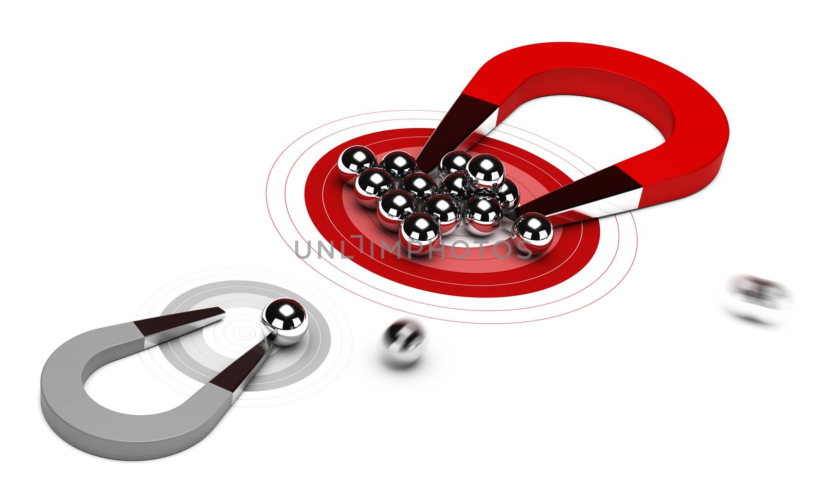 horseshoe magnet with many balls on a red target, plus one small grey dart, 3d render image over white background