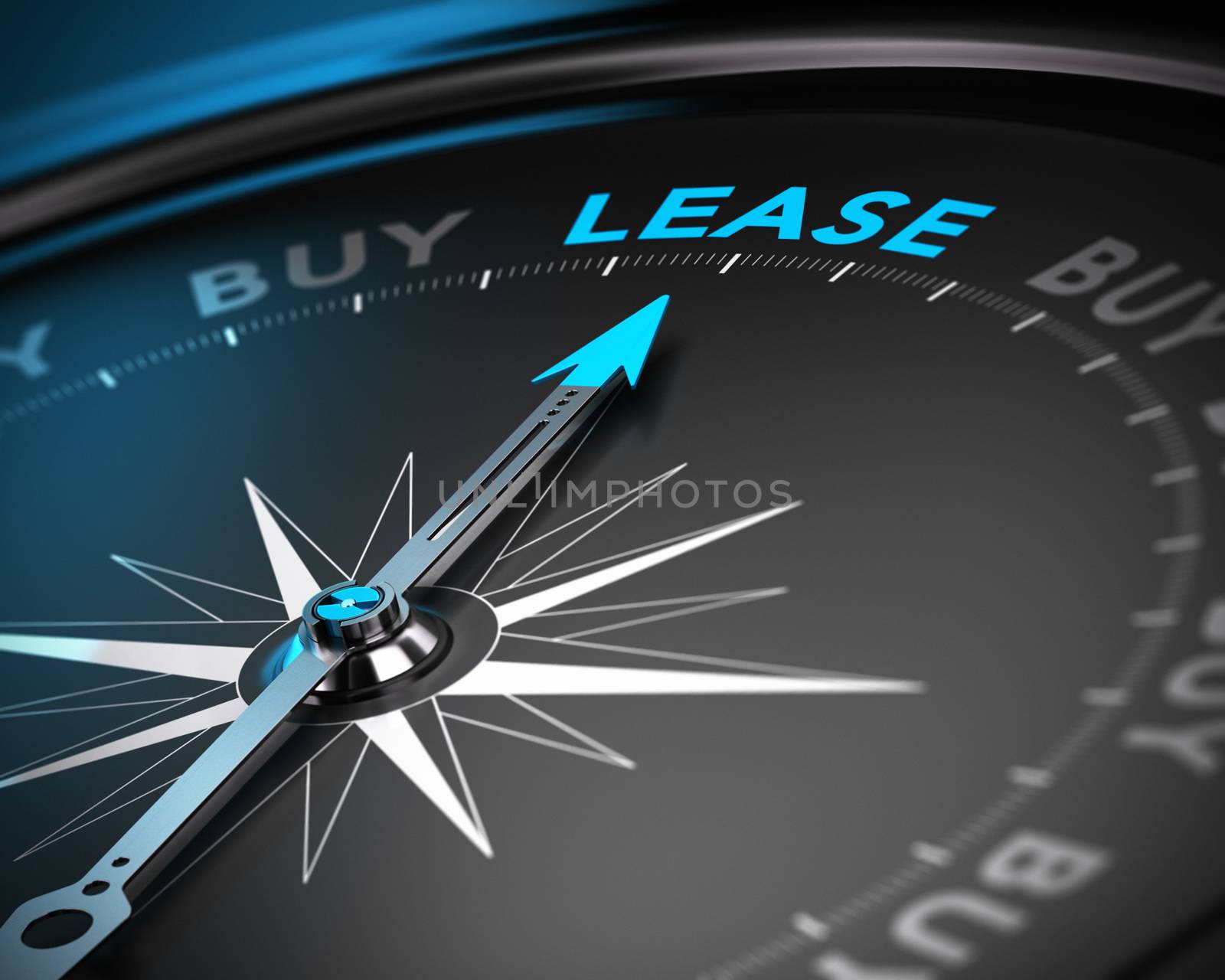 Conceptual 3D render of a compass with the needle pointing the word lease, blue and black tones with blur effect. Concept of leasing versus buying a product.