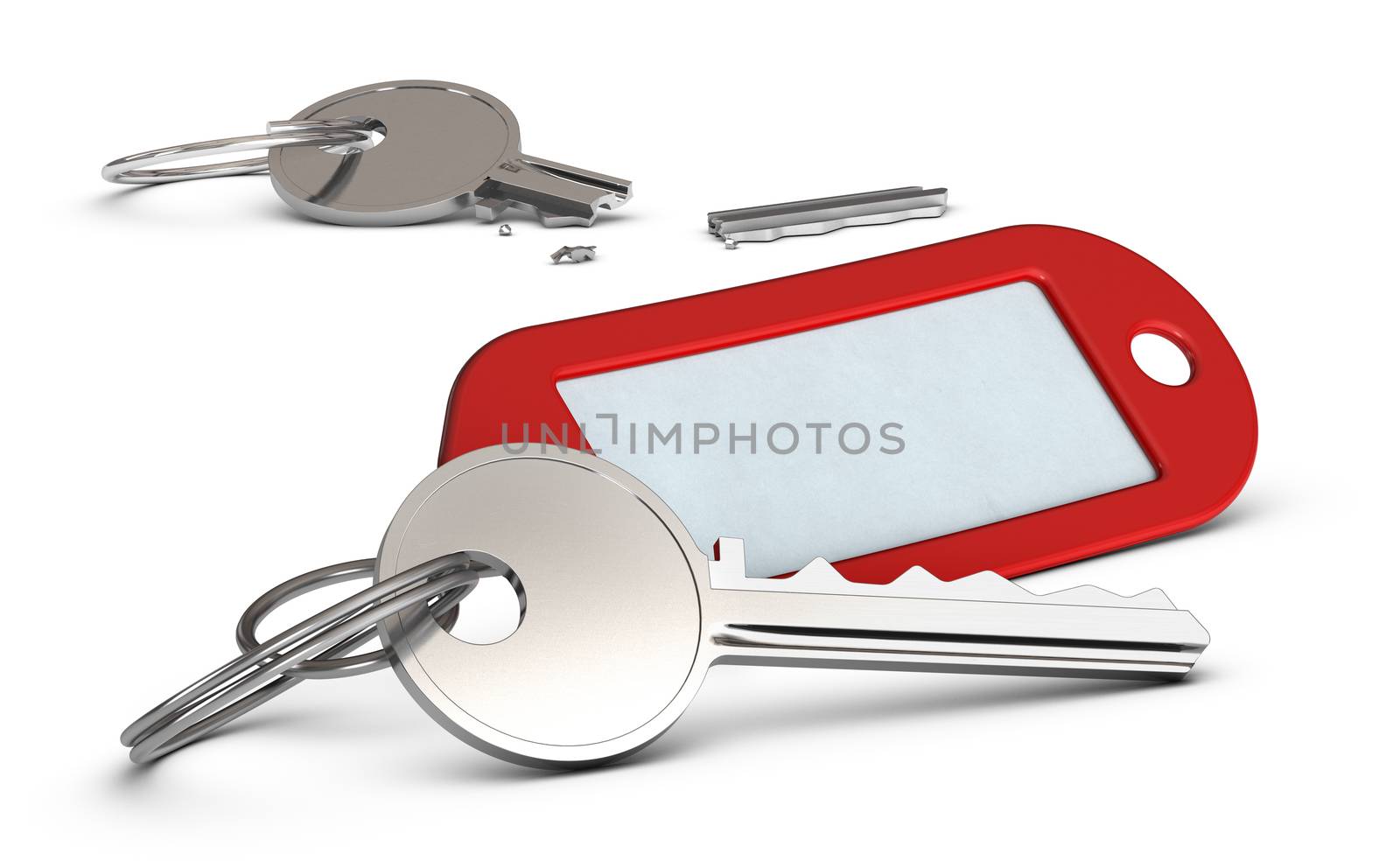 Duplicated key and red keyring and at the background a broken key, image over white 