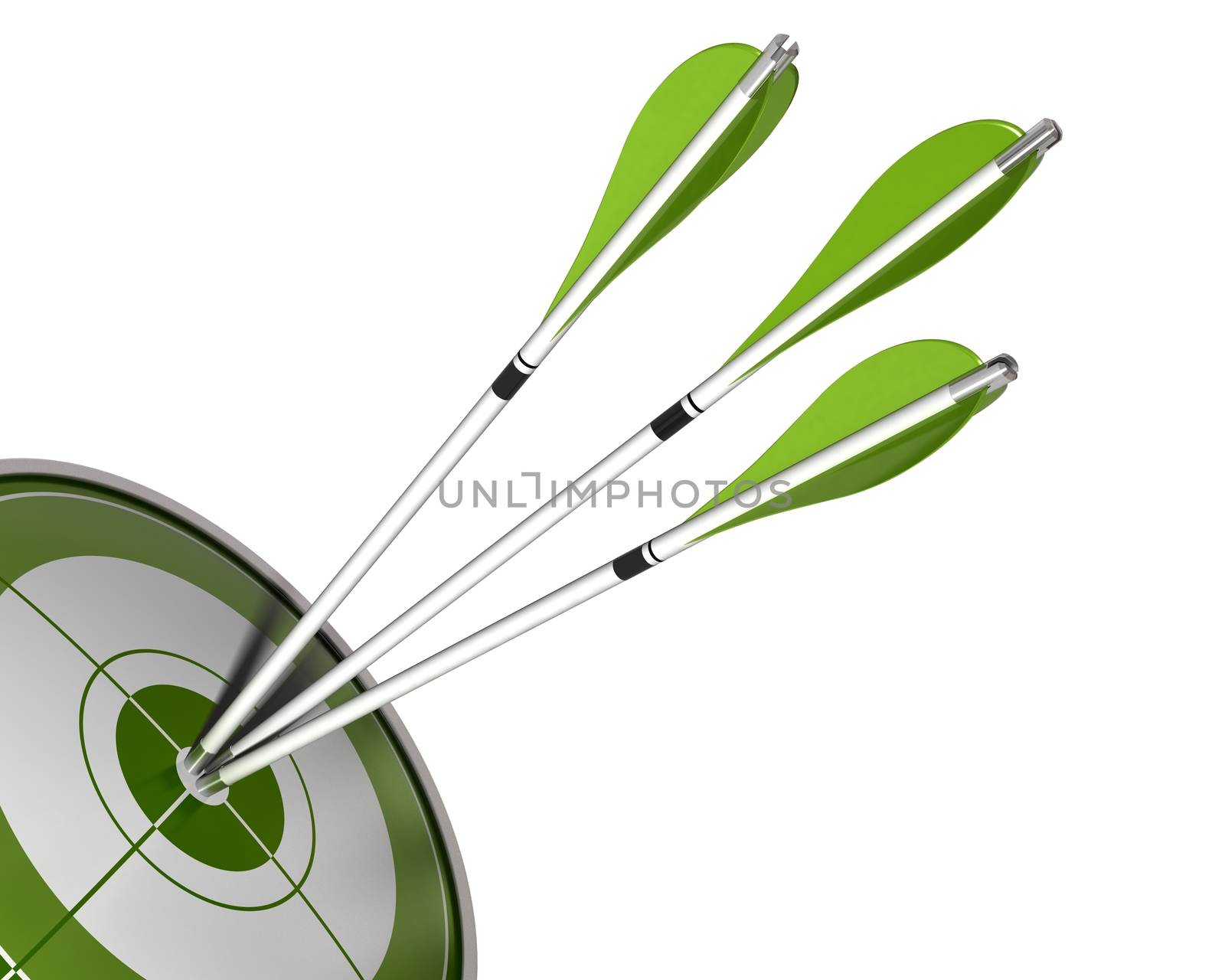 3 arrows hitting the center of a green target 3d render isolated white background, border angle of a page