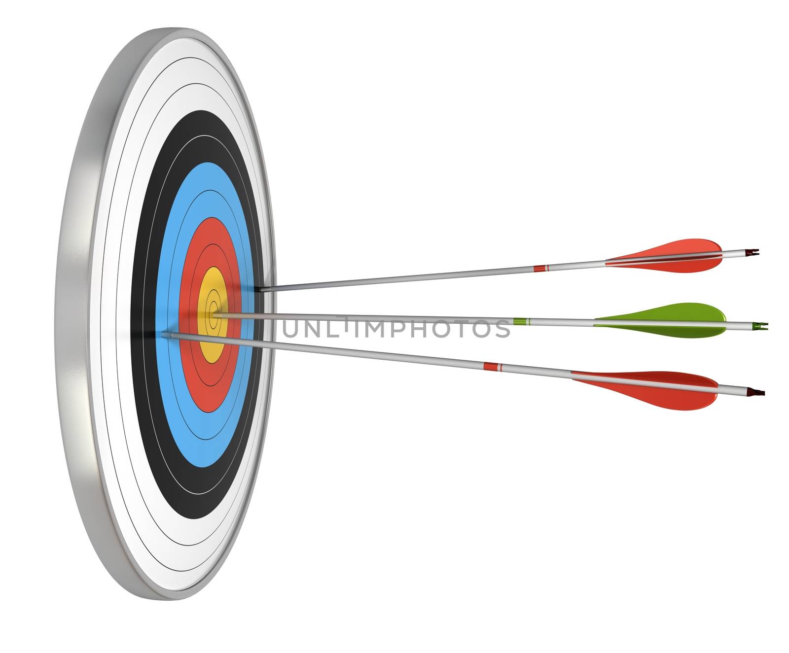 target and three arrows, the green one hit the center and the red ones failed to reach they goals. target isolated over a white background