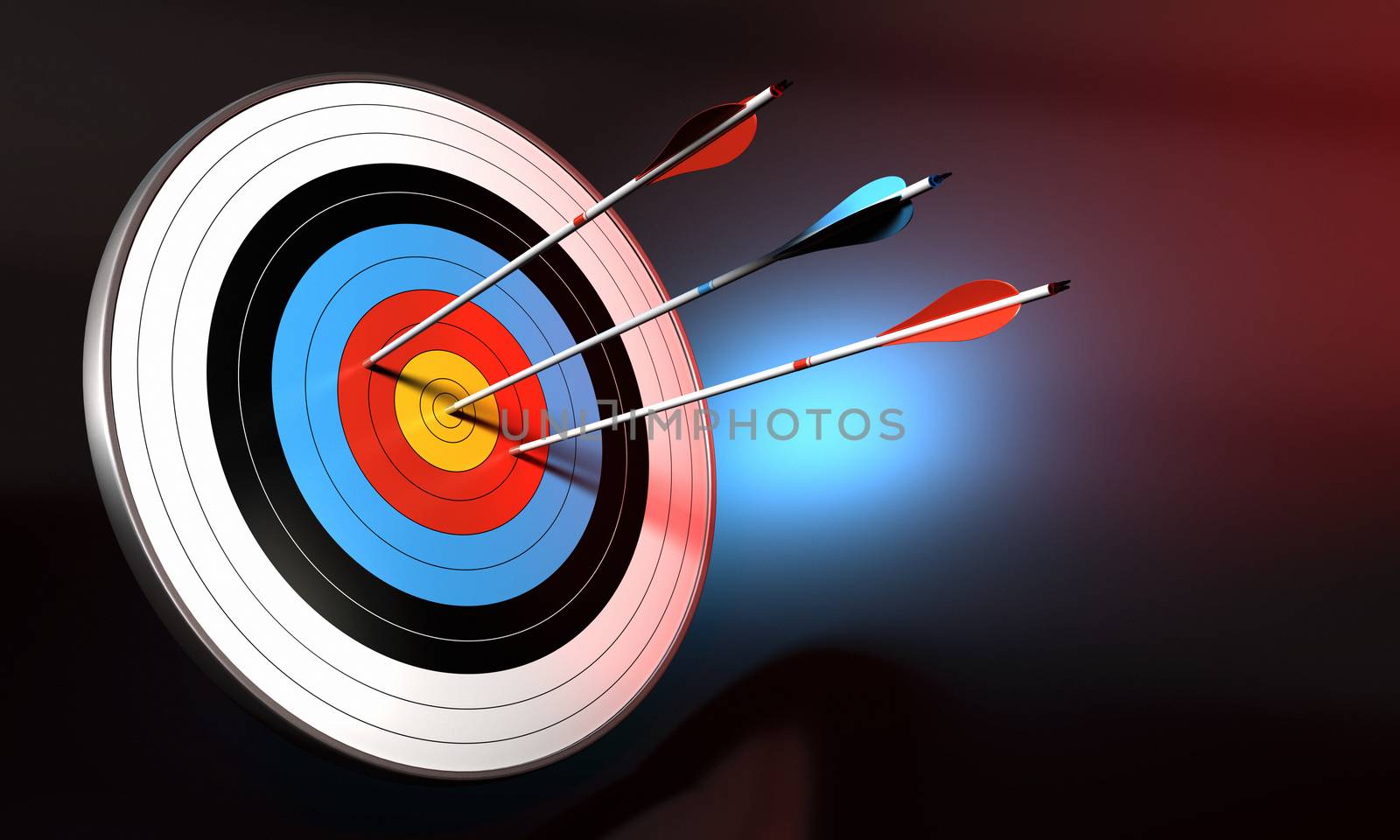 target and blue arrow hitting the center of bull's eye. 2 red arrows failed to reach the center. Black background with blue light effect