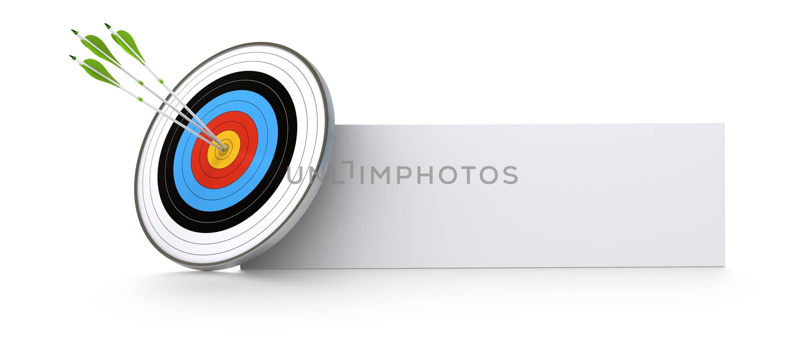 one target and three green arrows hitting the center of the bull's eye. There is a banner for advertising or communication space. white background