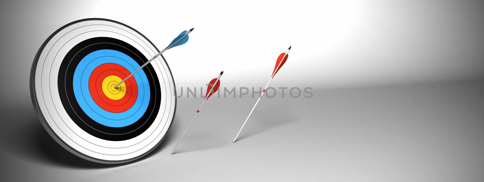 Target and arrow over a gray background horizontal banner. the blue arrow hit the center of the target and the red ones failed to reach their goal