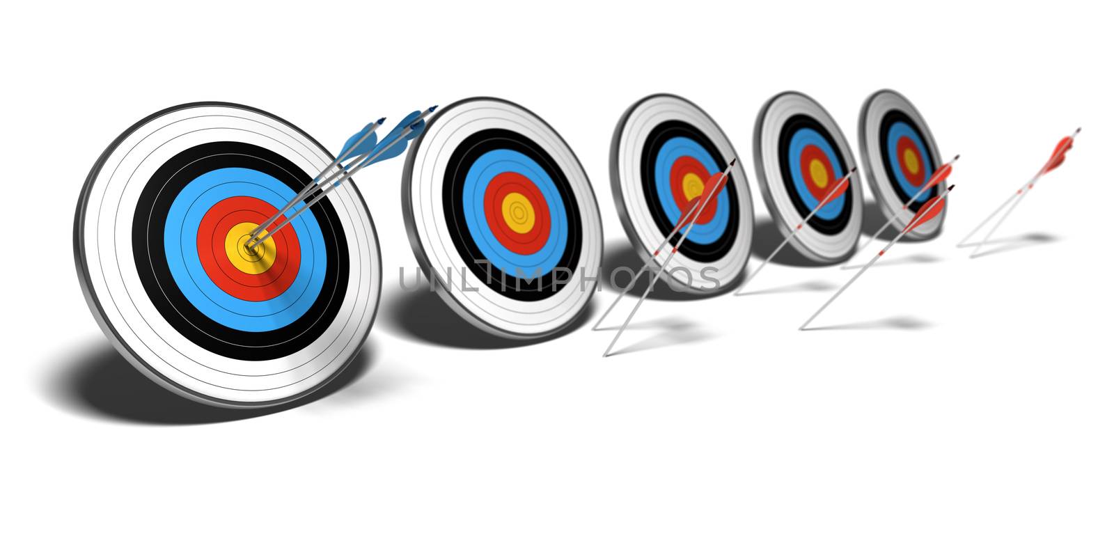 many targets over a white background with shadow. The first set of blue arrows hit the center of the first target, The red arrows failed to reach their objectives.