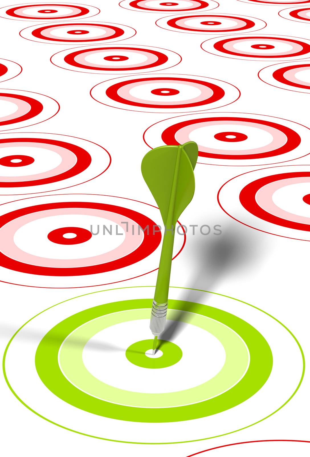 green dart hitting the center of a red target, there is some red targets around