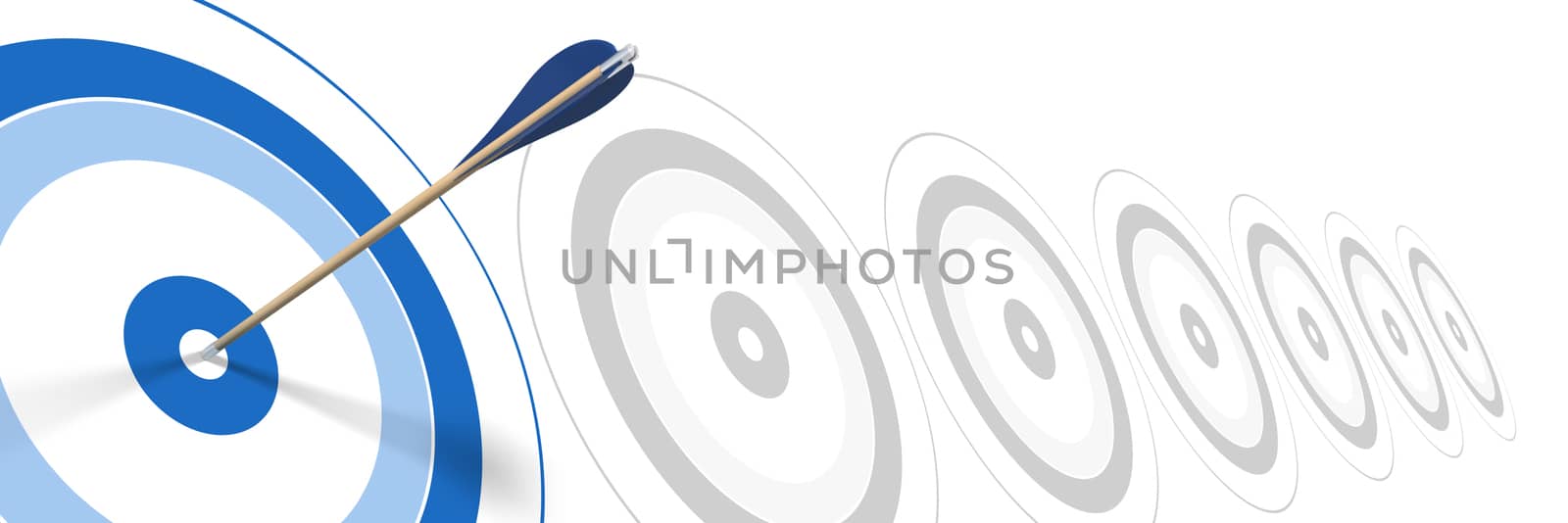 blue arrow, hitting the center of blue target with grey targets at the background