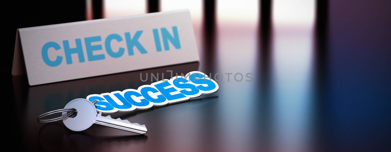One key and a keyring with the word success plus check-in panel symbol of motivation to succeed.