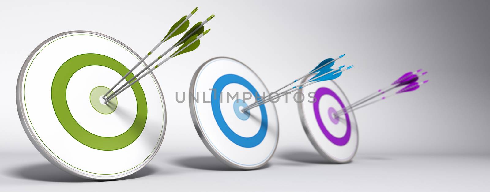 Marketing objective concept - Three targets with different colors and arrows hitting the center of each one - 3D render with depth of field effect 