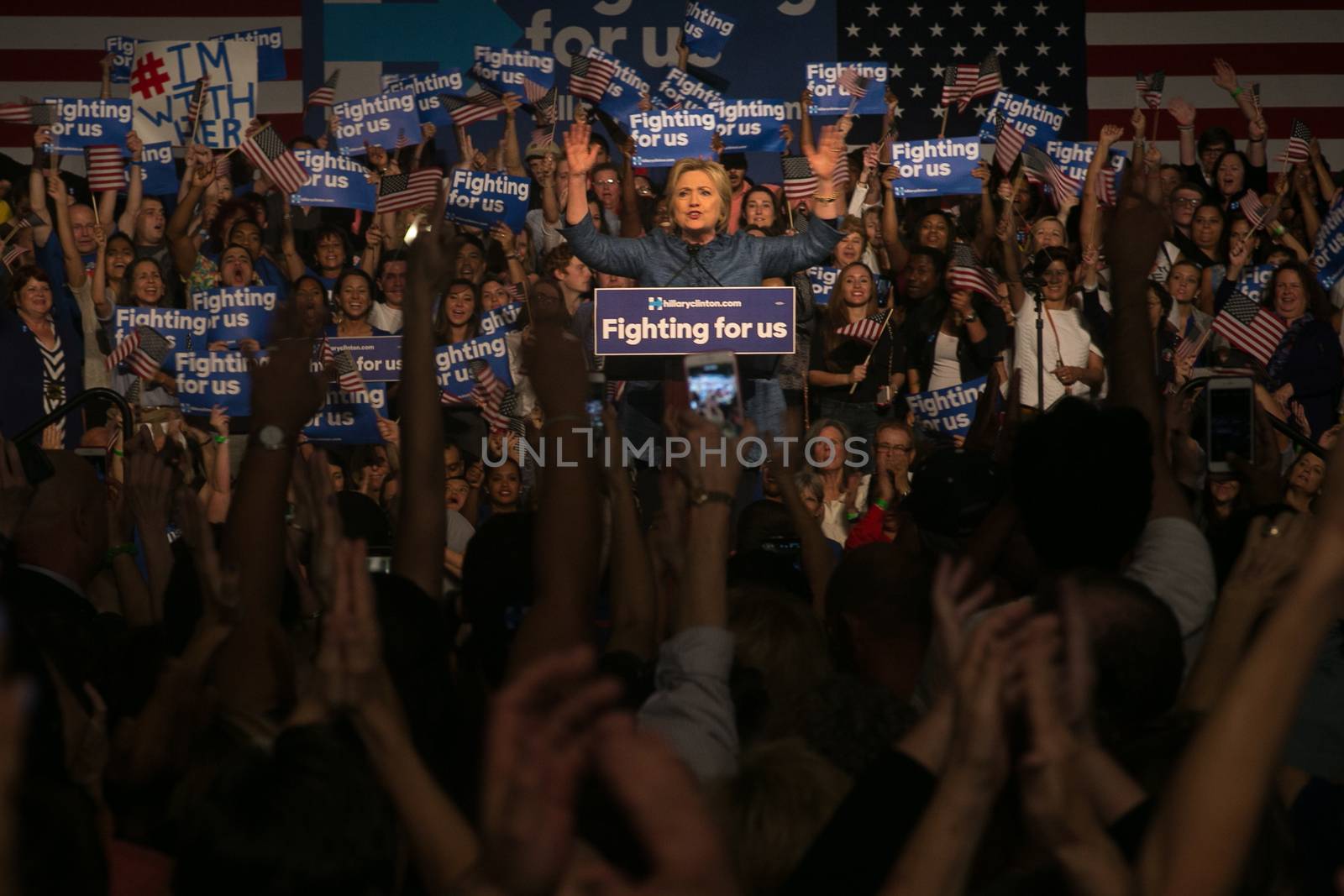 UNITED STATES, West Palm Beach: Democratic presidential candidate former Secretary of State Hillary Clinton speaks during her primary night gathering on March 15, 2016 in West Palm Beach, Florida. Hillary Clinton defeated rival U.S. Sen. Bernie Sanders in the Florida, Ohio and North Carolina primaries.