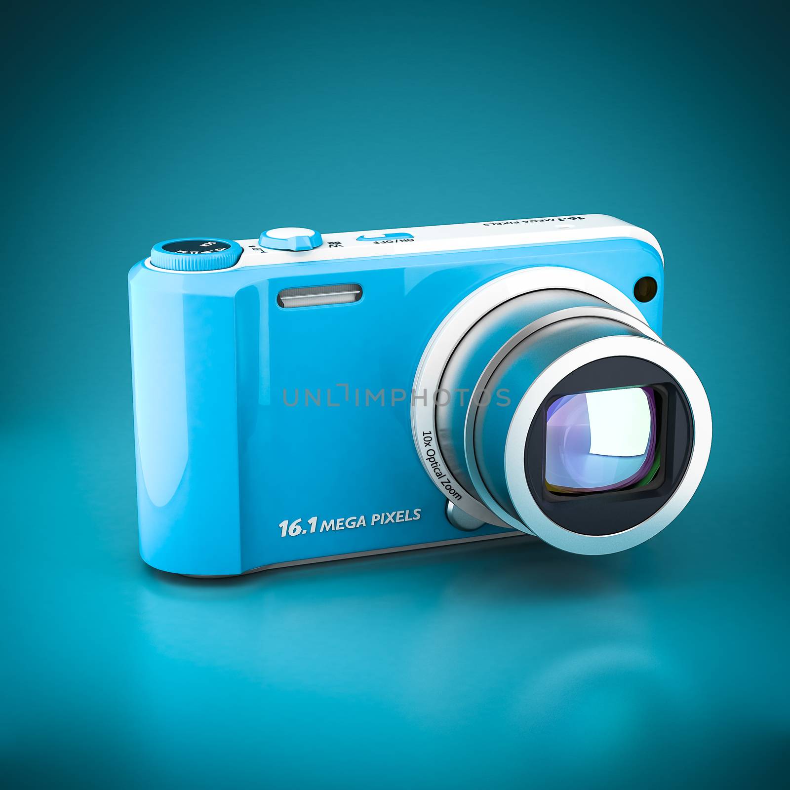 Digital camera 3d model image on blue background