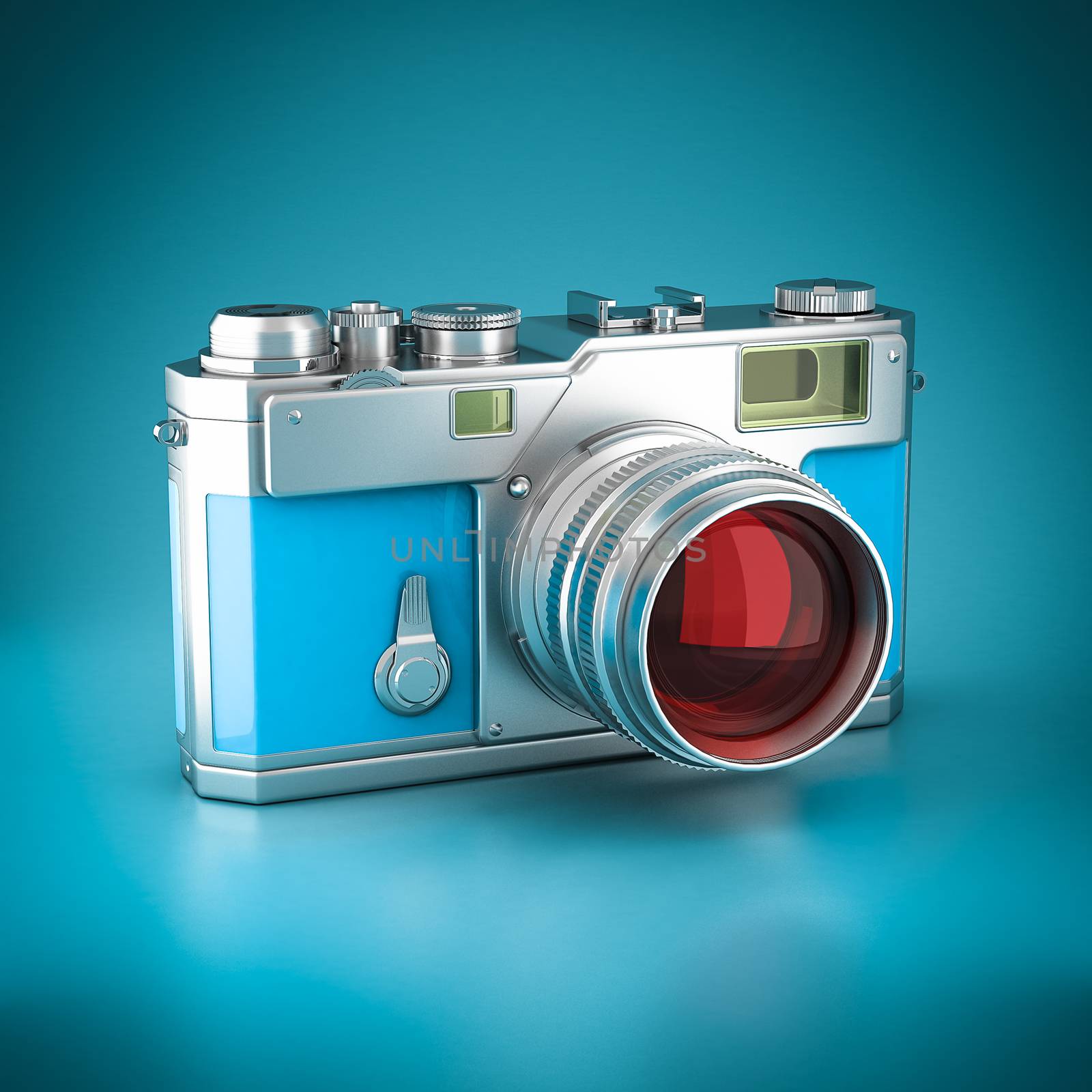 Digital camera 3d model image on blue background