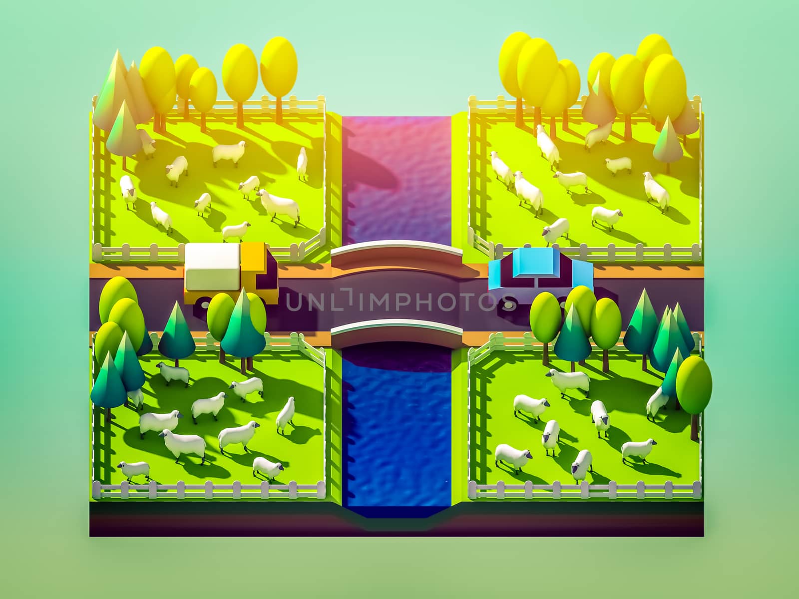 Sheep in the landscape, isometric view by teerawit