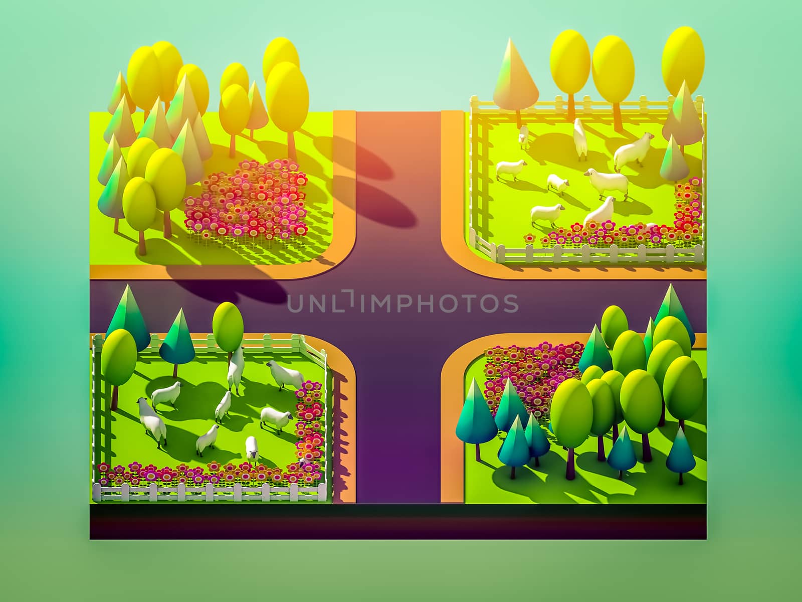 Sheep in the landscape, isometric view, isometric background