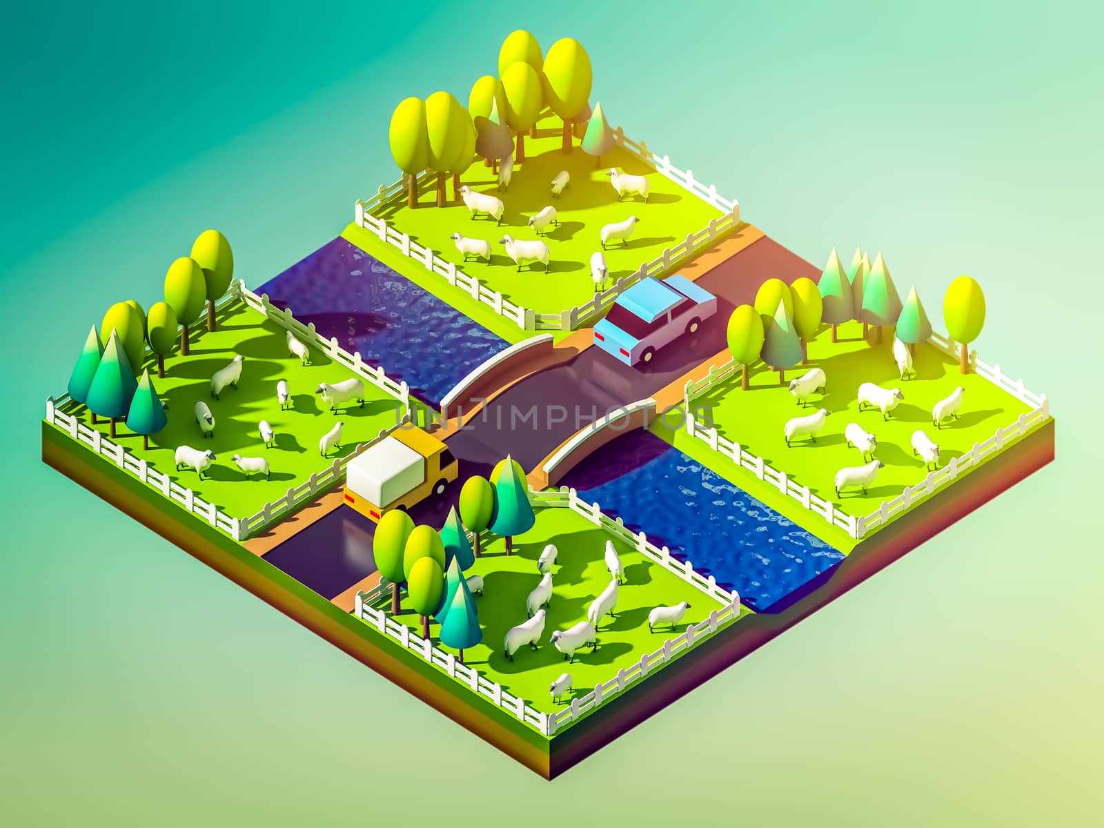 Sheep in the landscape, isometric view by teerawit