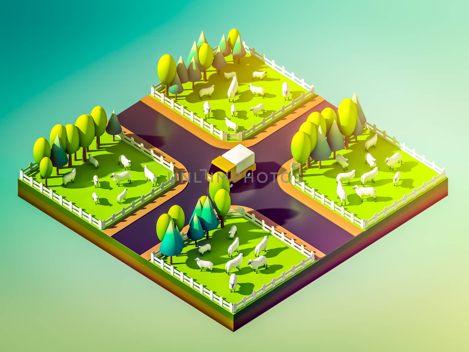 Sheep in the landscape, isometric view by teerawit