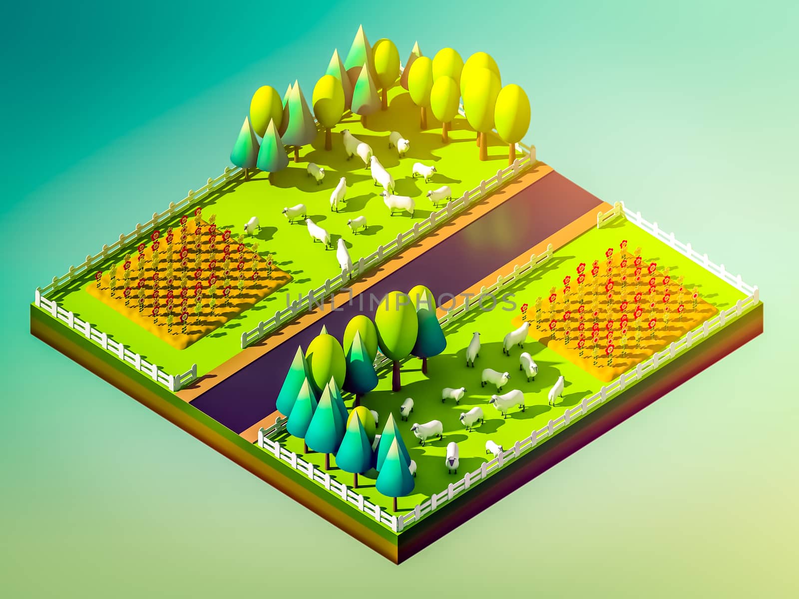 Sheep in the landscape, isometric view, isometric background