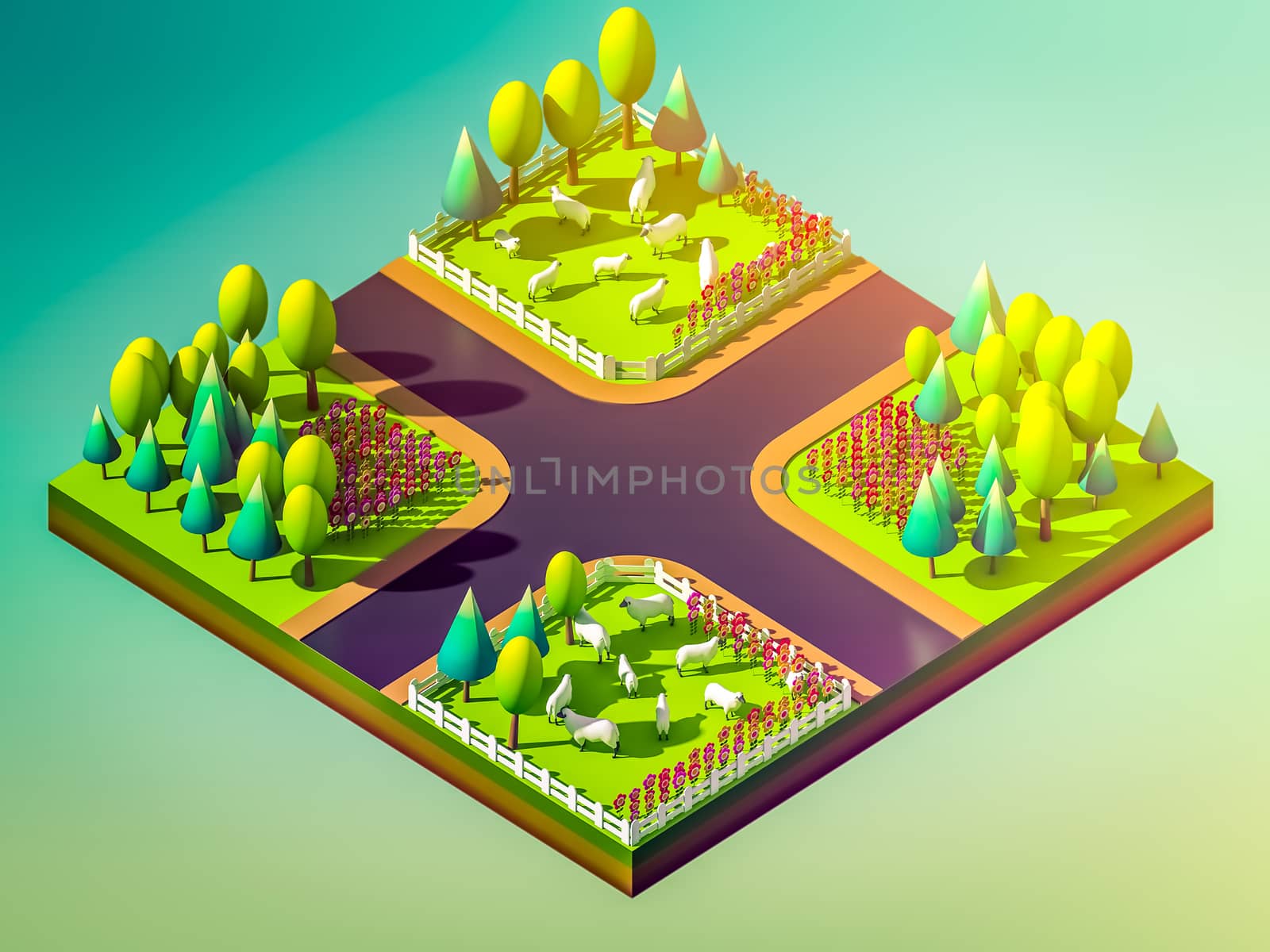 Sheep in the landscape, isometric view by teerawit