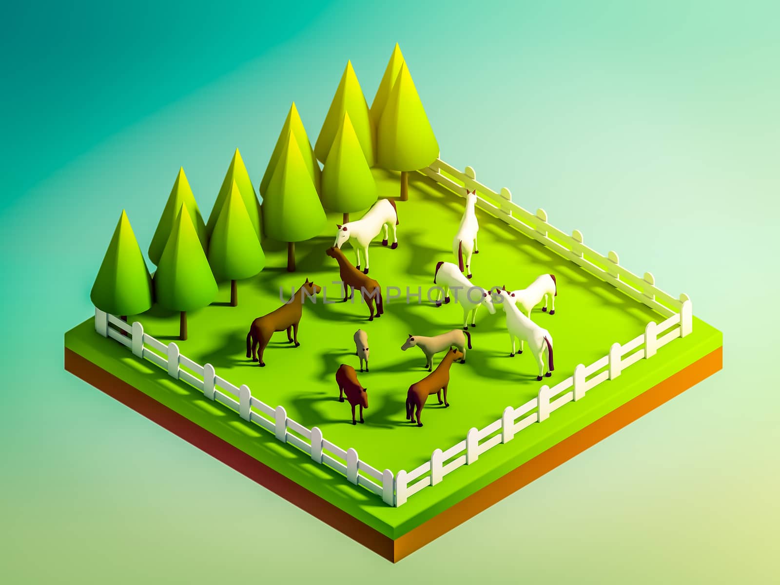 animals in the landscape, isometric view,  isometric background