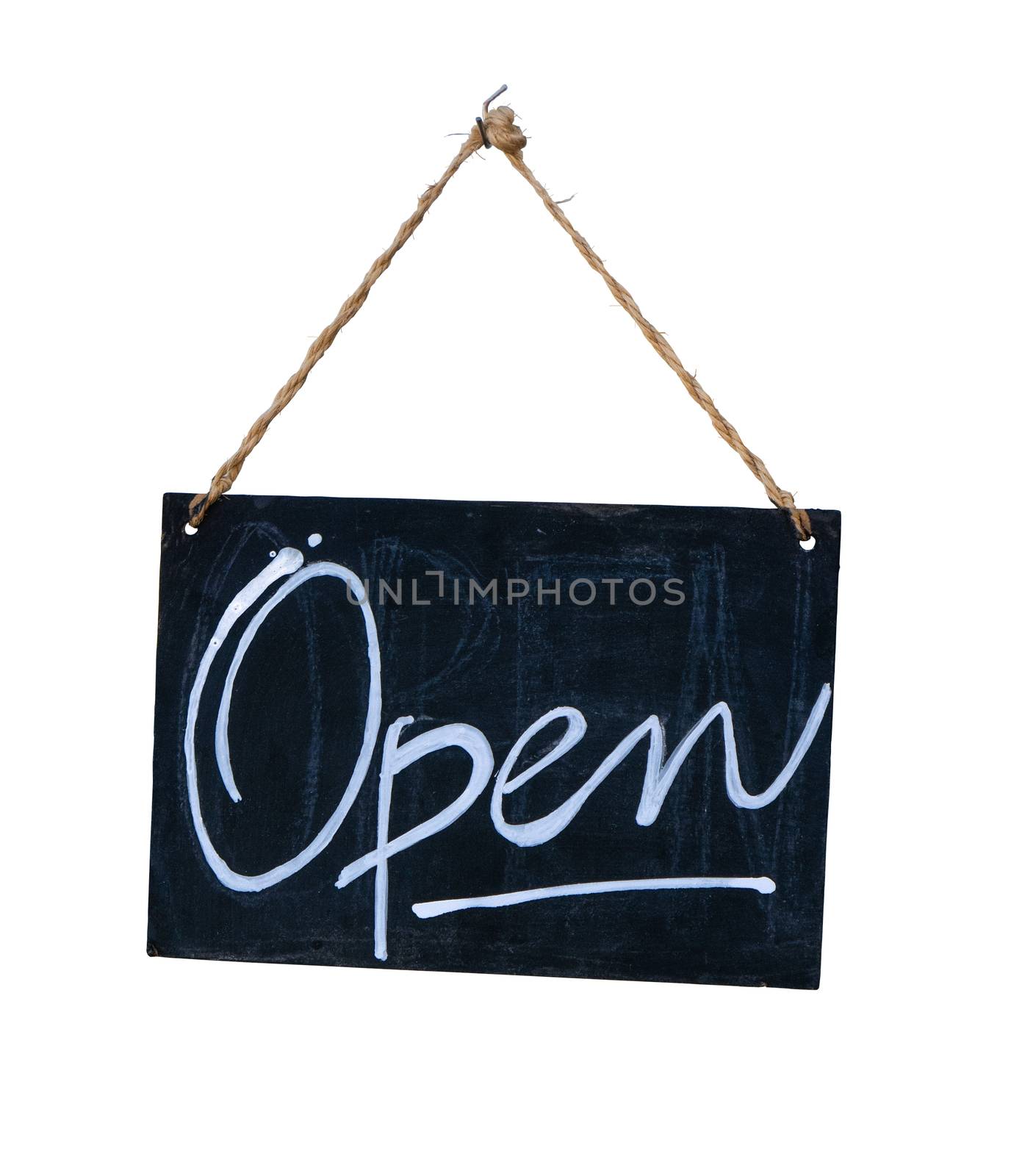 Isolated Rustic Hanging Blackboard Open Sign On A White Background