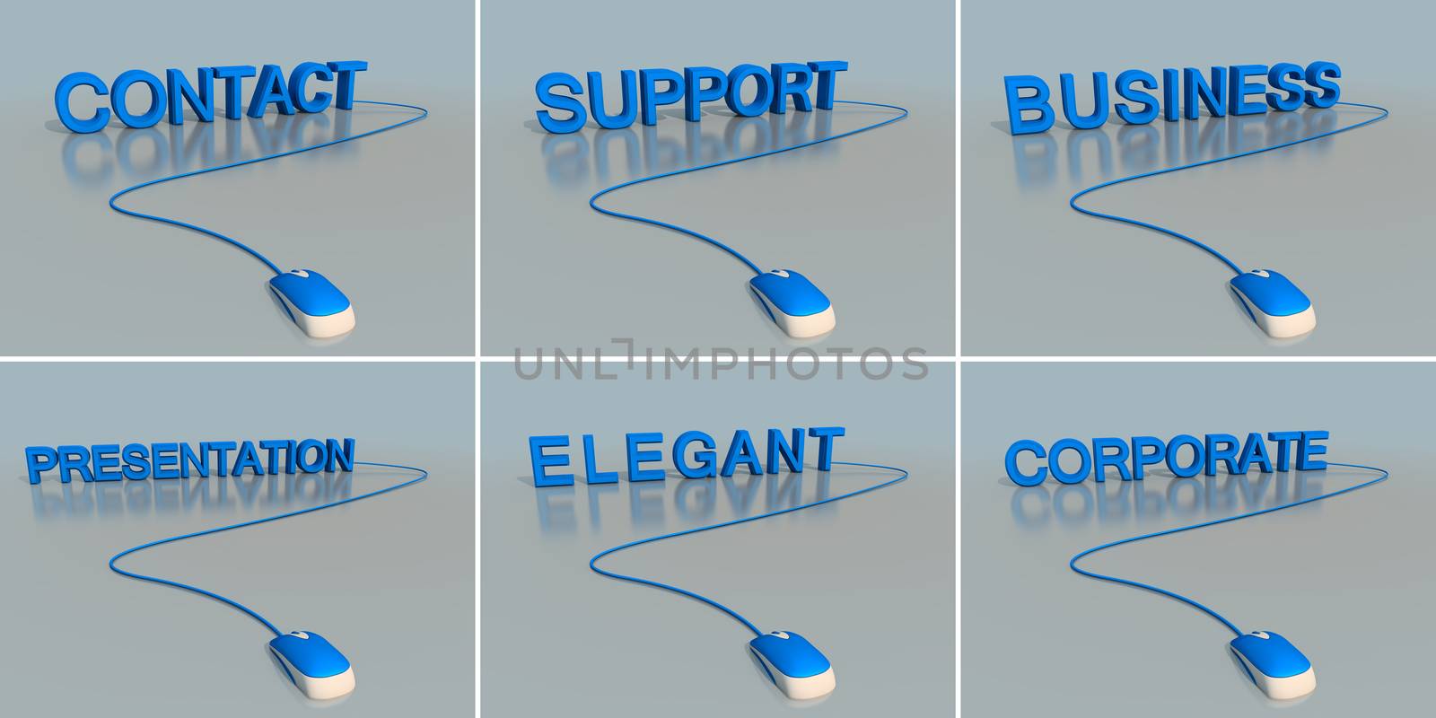 3d word collections connected to a blue and white mouse to be used as an icon or button or any other use.