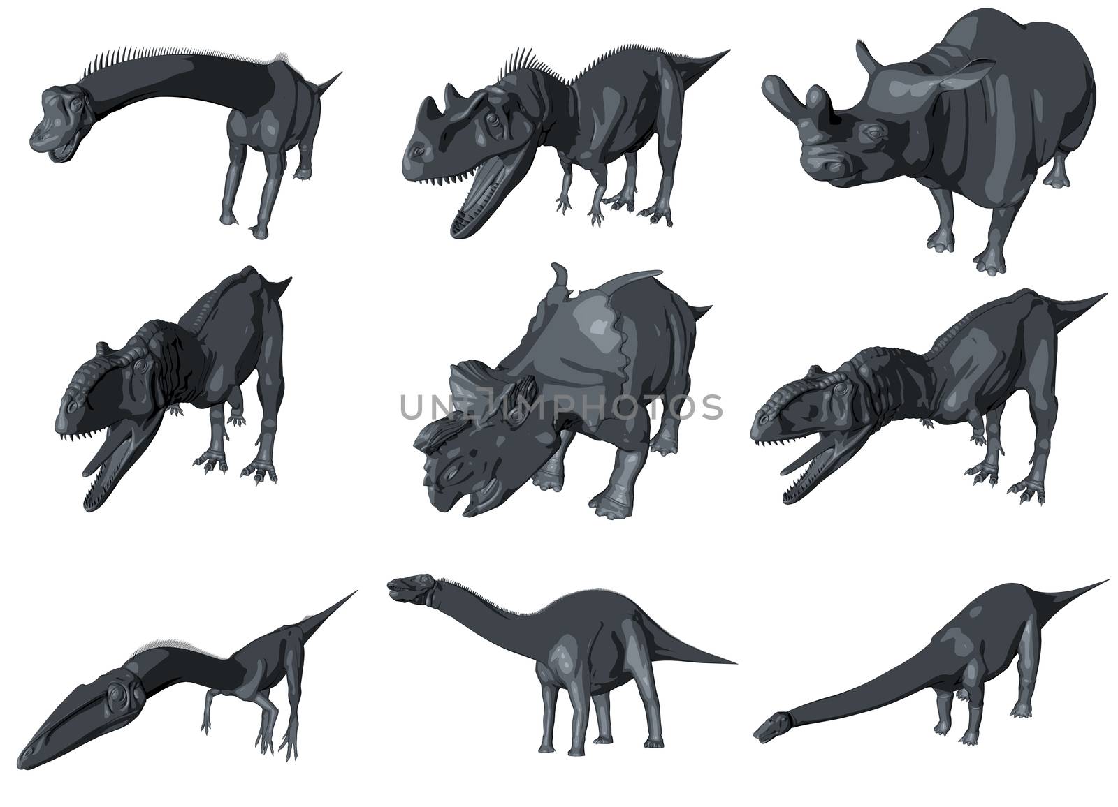 3d collection of dinosaurs sketch, which lived during the Cretaceous period, isolated on white.
