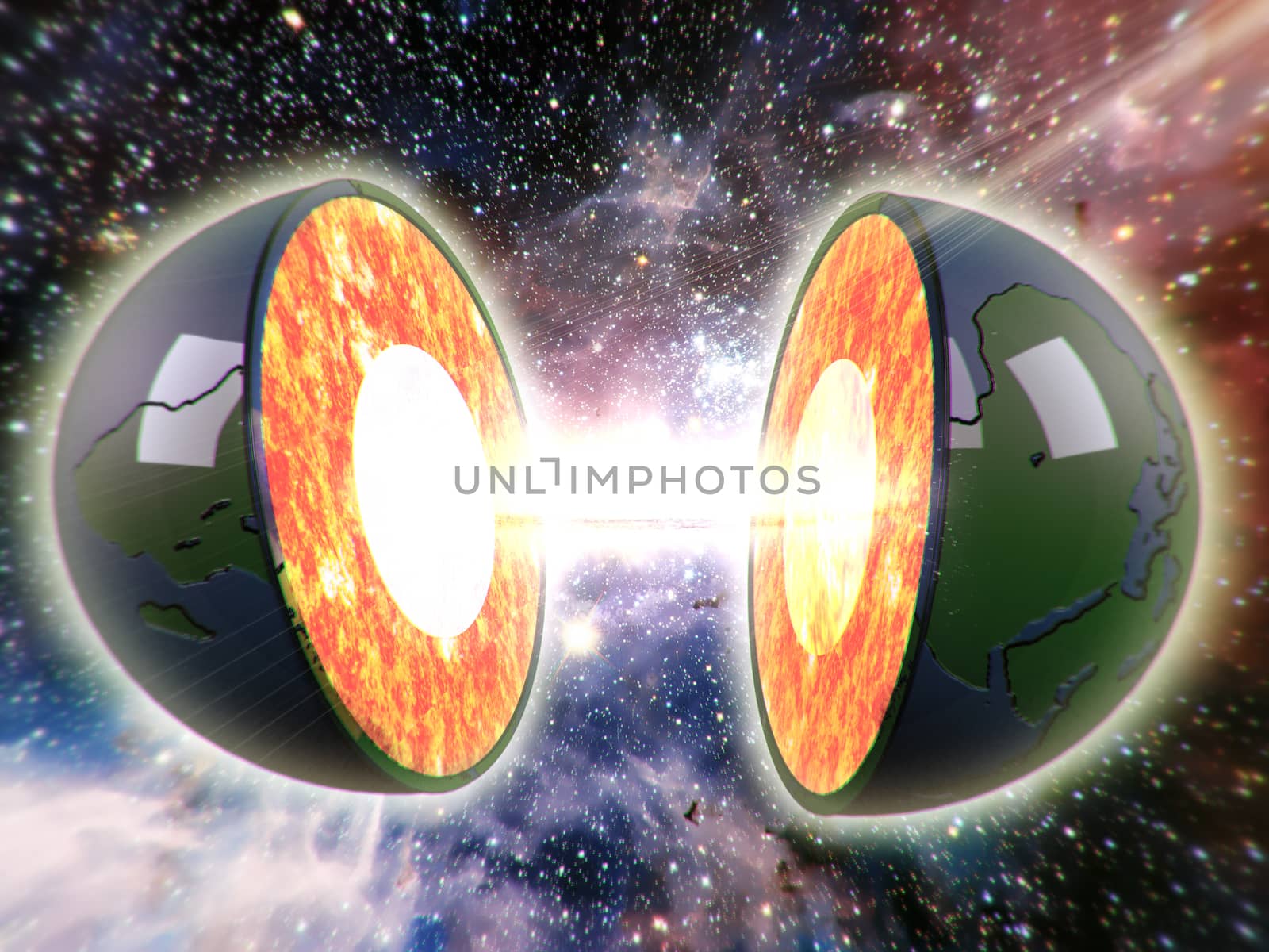 illustration of a sliced earth and an explosion in the middle 3d effect