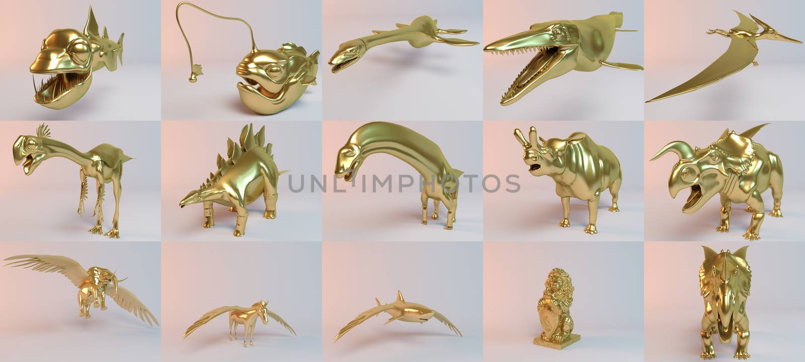 Golden 3D animals collection inside a stage with high render quality to be used as a logo, medal, symbol, shape, emblem, icon, business, geometric, label or any other use