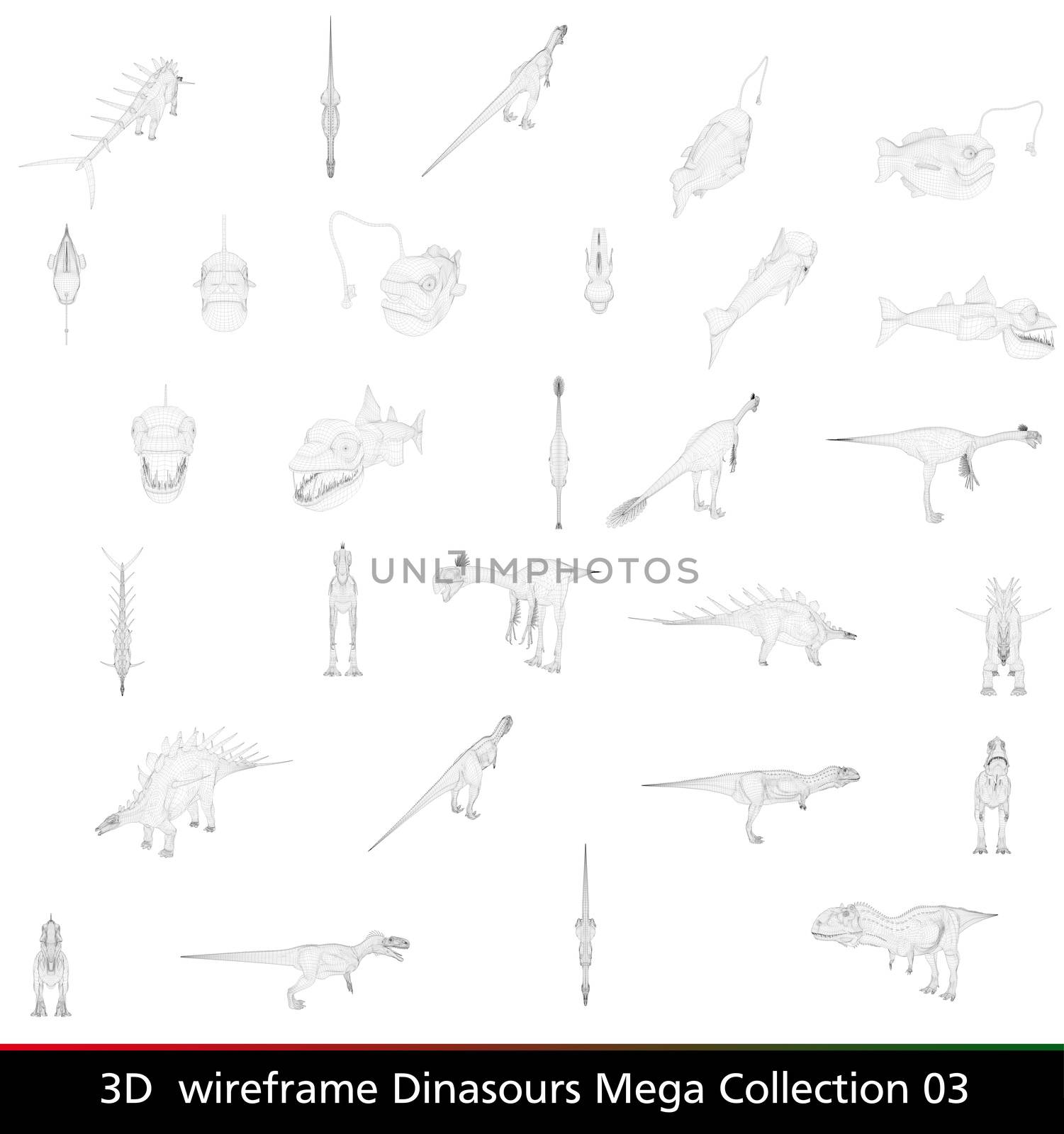 3d wireframe dinasour collection isolated on white background