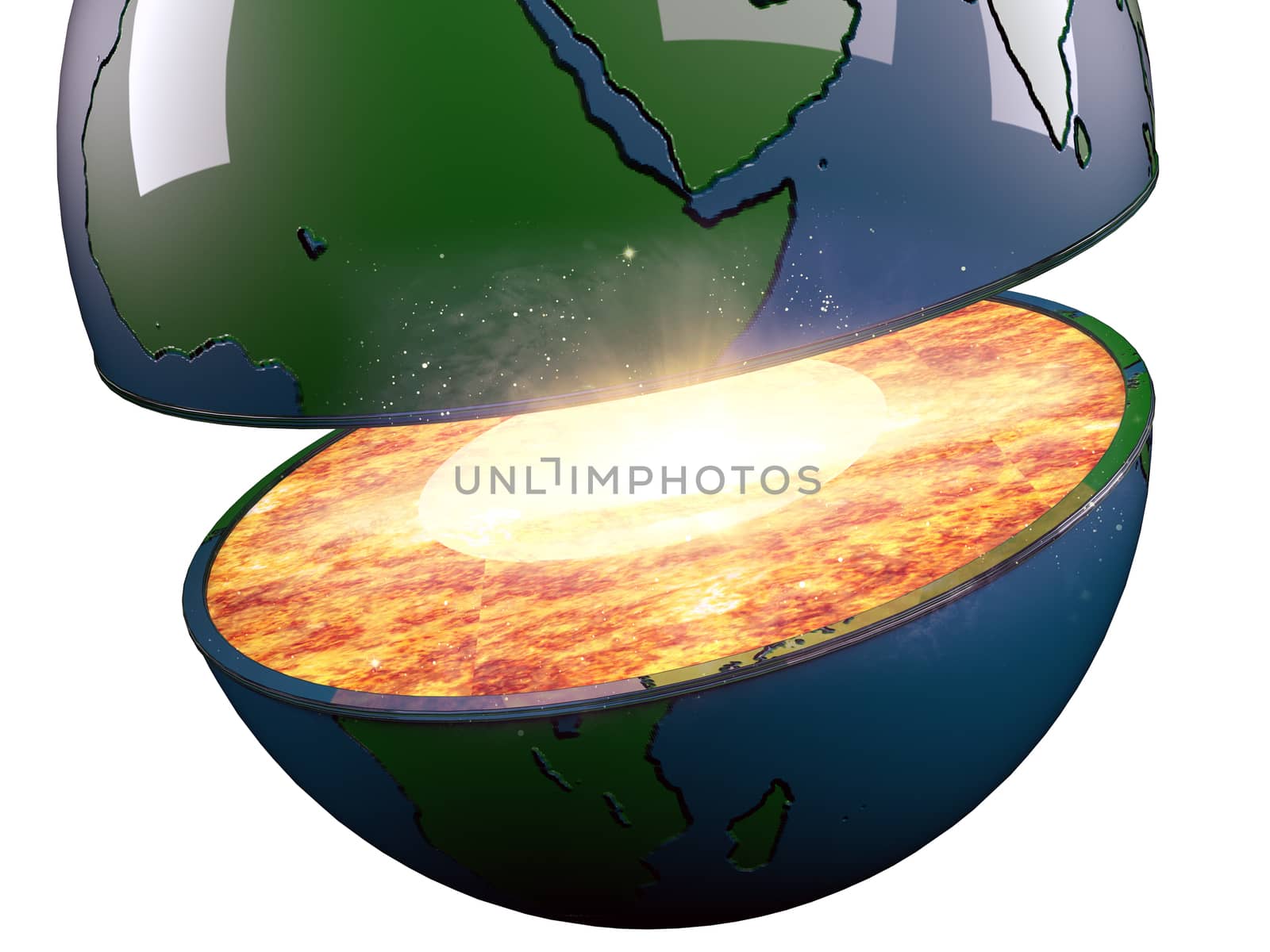 illustration of a sliced earth and an explosion isolated on white background