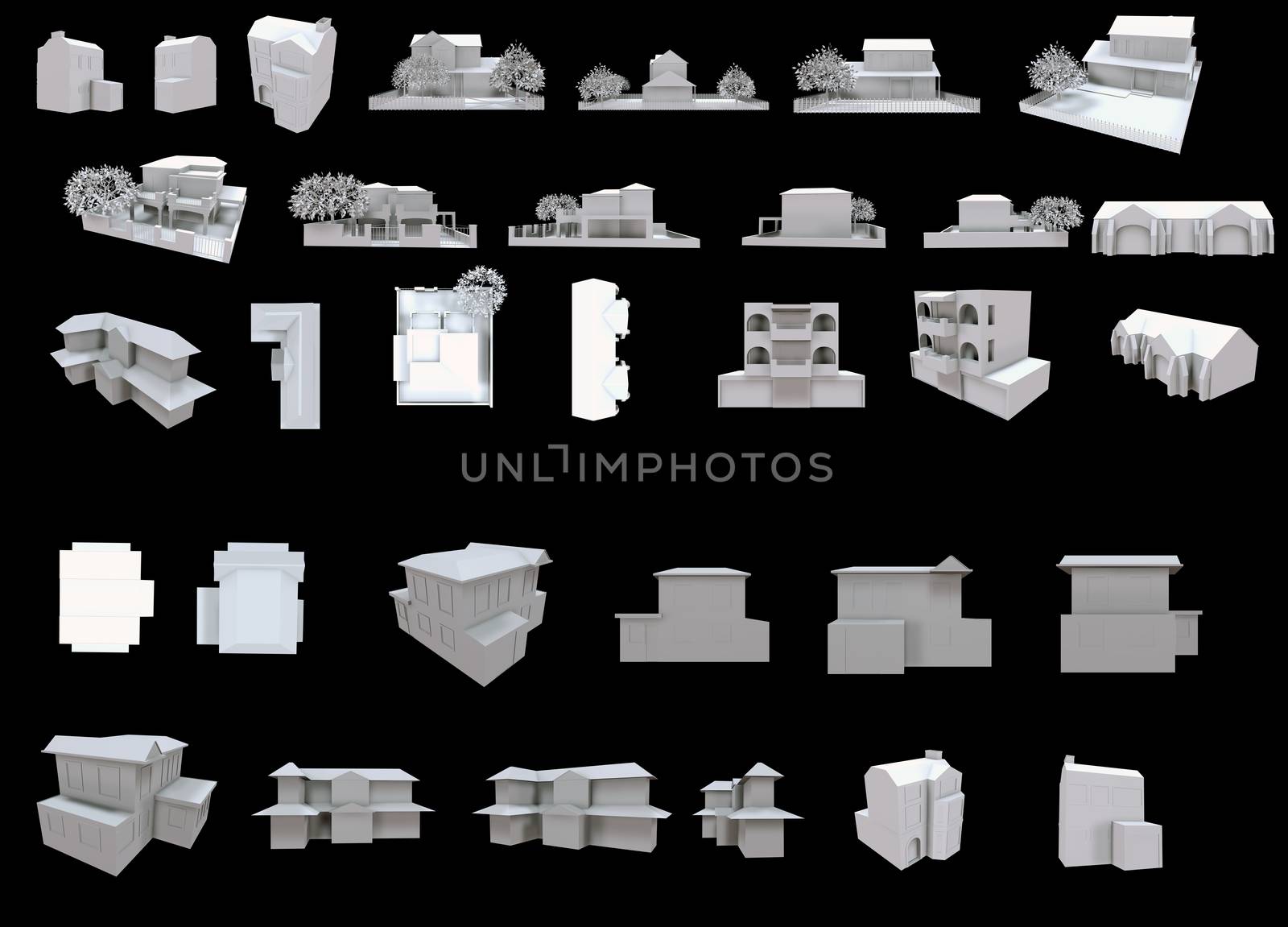 part one from the Set of isolated white 3d detailed buildings with different types of perspective.